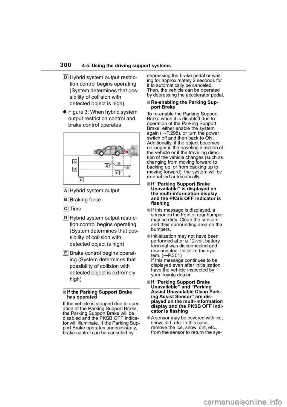 TOYOTA RAV4 HYBRID 2020  Owners Manual (in English) 3004-5. Using the driving support systems
Hybrid system output restric-
tion control begins operating 
(System determines that pos-
sibility of collision with 
detected object is high)
 Figure 3: W