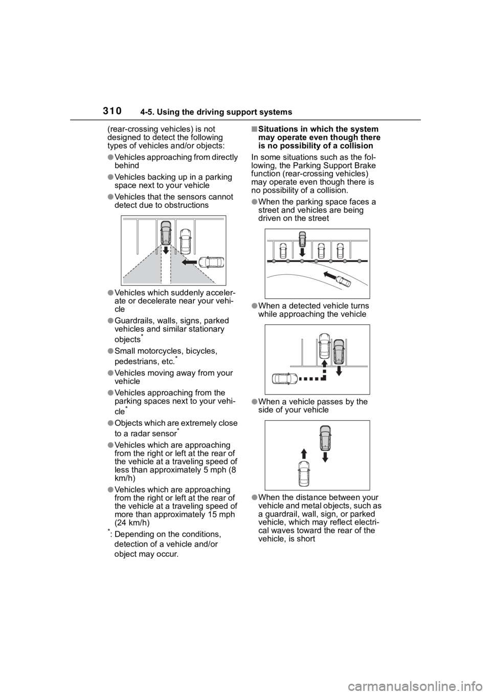 TOYOTA RAV4 HYBRID 2020  Owners Manual (in English) 3104-5. Using the driving support systems
(rear-crossing vehicles) is not 
designed to detect the following 
types of vehicles and/or objects:
●Vehicles approaching from directly 
behind
●Vehicles