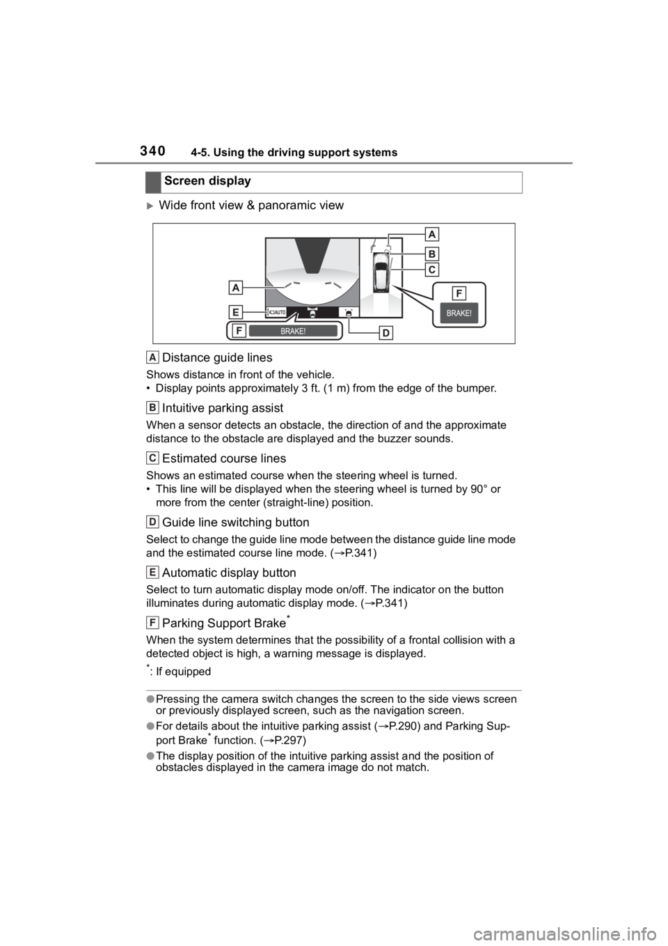 TOYOTA RAV4 HYBRID 2020  Owners Manual (in English) 3404-5. Using the driving support systems
Wide front view & panoramic viewDistance guide lines
Shows distance in front of the vehicle.
• Display points approximately 3  ft. (1 m) from the edge of