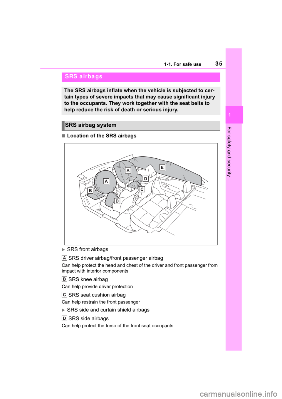 TOYOTA RAV4 HYBRID 2020 (in English) Owners Guide 351-1. For safe use
1
For safety and security
■Location of the SRS airbags
SRS front airbagsSRS driver airbag/front passenger airbag
Can help protect the head and chest of the driver and front pa TOYOTA RAV4 HYBRID 2020 (in English) Owners Guide 351-1. For safe use
1
For safety and security
■Location of the SRS airbags
SRS front airbagsSRS driver airbag/front passenger airbag
Can help protect the head and chest of the driver and front pa