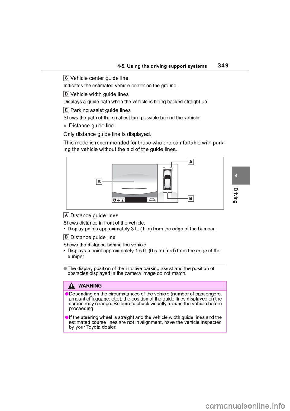 TOYOTA RAV4 HYBRID 2020 Owners Manual (in English) 3494-5. Using the driving support systems
4
Driving
Vehicle center guide line
Indicates the estimated vehicle center on the ground.
Vehicle width guide lines
Displays a guide path when the vehicle is TOYOTA RAV4 HYBRID 2020 Owners Manual (in English) 3494-5. Using the driving support systems
4
Driving
Vehicle center guide line
Indicates the estimated vehicle center on the ground.
Vehicle width guide lines
Displays a guide path when the vehicle is