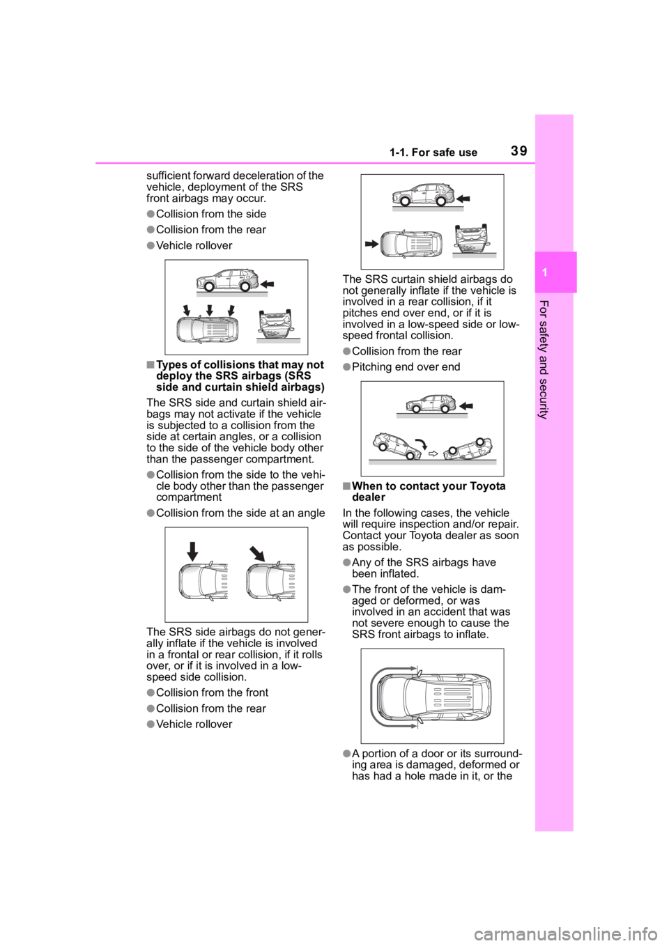TOYOTA RAV4 HYBRID 2020 (in English) Owners Guide 391-1. For safe use
1
For safety and security
sufficient forward deceleration of the
vehicle, deployment of the SRS
front airbags may occur.
●Collision from the side
●Collision from the rear
● TOYOTA RAV4 HYBRID 2020 (in English) Owners Guide 391-1. For safe use
1
For safety and security
sufficient forward deceleration of the
vehicle, deployment of the SRS
front airbags may occur.
●Collision from the side
●Collision from the rear
●