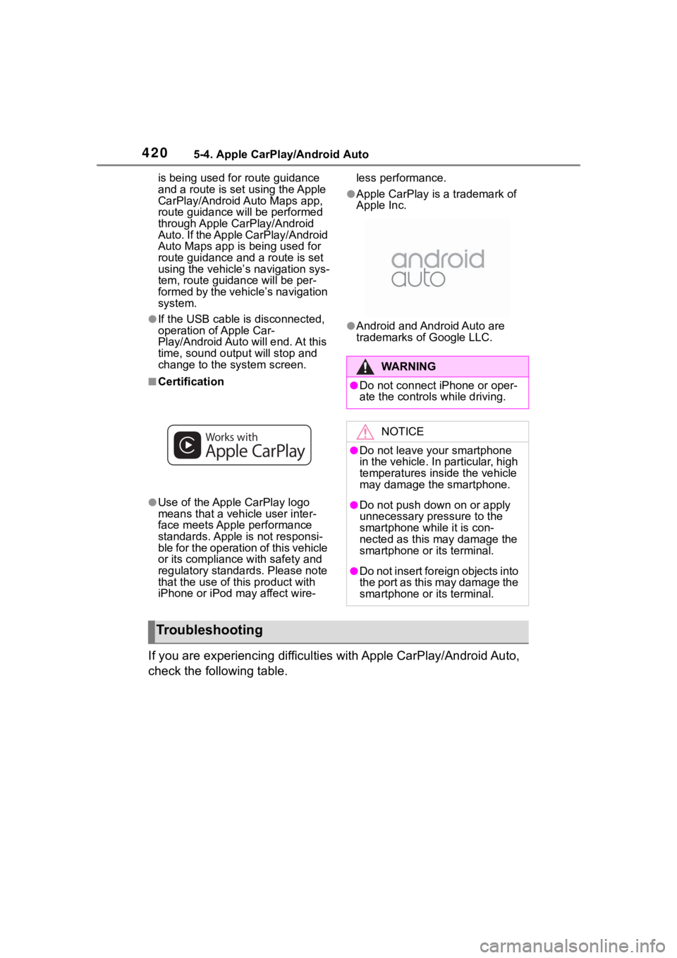 TOYOTA RAV4 HYBRID 2020 Owners Manual (in English) 4205-4. Apple CarPlay/Android Auto
is being used for route guidance
and a route is set using the Apple
CarPlay/Android Auto Maps app,
route guidance will be performed
through Apple CarPlay/Android TOYOTA RAV4 HYBRID 2020 Owners Manual (in English) 4205-4. Apple CarPlay/Android Auto
is being used for route guidance
and a route is set using the Apple
CarPlay/Android Auto Maps app,
route guidance will be performed
through Apple CarPlay/Android