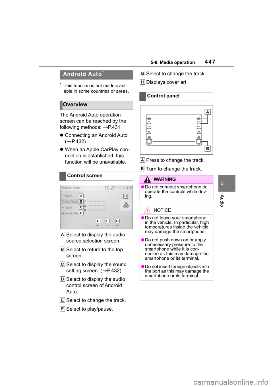 TOYOTA RAV4 HYBRID 2020 Owners Manual (in English) 4475-8. Media operation
5
Audio
*: This function is not made avail-able in some countries or areas.
The Android Auto operation
screen can be reached by the
following methods: P. 4 3 1
Connec TOYOTA RAV4 HYBRID 2020 Owners Manual (in English) 4475-8. Media operation
5
Audio
*: This function is not made avail-able in some countries or areas.
The Android Auto operation
screen can be reached by the
following methods: P. 4 3 1
Connec