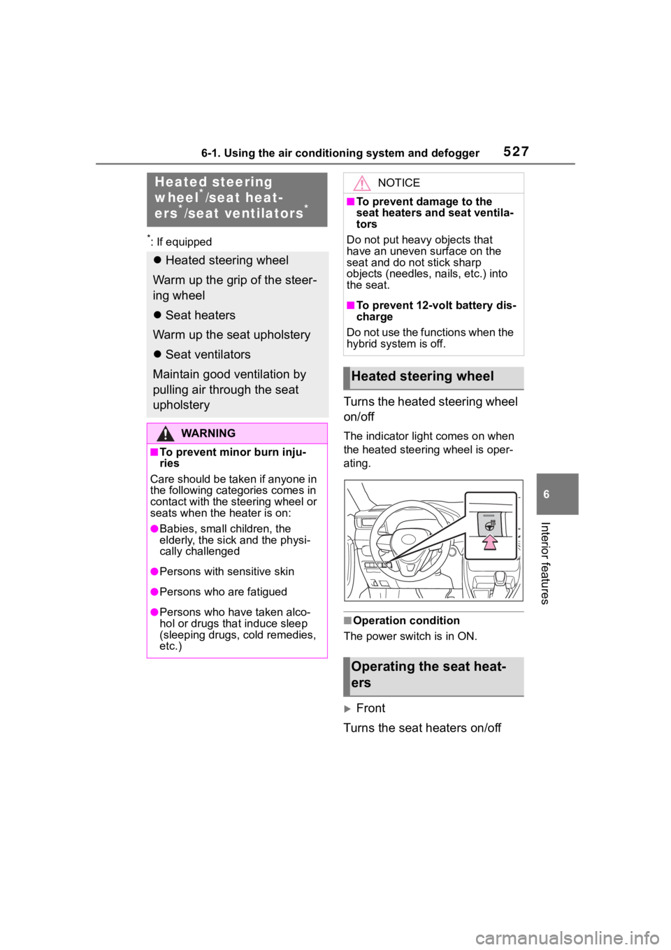 TOYOTA RAV4 HYBRID 2020  Owners Manual (in English) 5276-1. Using the air conditioning system and defogger
6
Interior features
*: If equipped
Turns the heated steering wheel 
on/off
The indicator light comes on when 
the heated steering wheel is oper-
