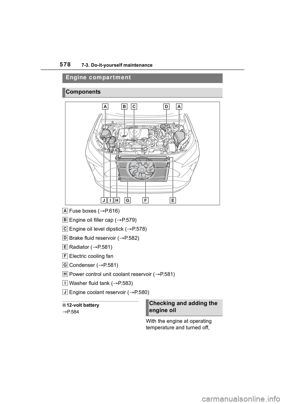 TOYOTA RAV4 HYBRID 2020 Owners Manual (in English) 5787-3. Do-it-yourself maintenance
Fuse boxes (P.616)
Engine oil filler cap ( P.579)
Engine oil level dipstick ( P.578)
Brake fluid reservoir ( P.582)
Radiator ( P.581)
Electric cooling TOYOTA RAV4 HYBRID 2020 Owners Manual (in English) 5787-3. Do-it-yourself maintenance
Fuse boxes (P.616)
Engine oil filler cap ( P.579)
Engine oil level dipstick ( P.578)
Brake fluid reservoir ( P.582)
Radiator ( P.581)
Electric cooling