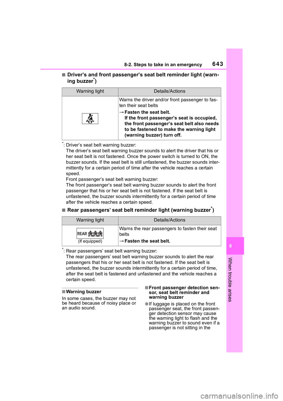 TOYOTA RAV4 HYBRID 2020 Owners Manual (in English) 6438-2. Steps to take in an emergency
8
When trouble arises
■Driver’s and front passenger’s seat belt reminder light (warn-
ing buzzer*)
*: Driver’s seat belt warning buzzer:
The driver’s se TOYOTA RAV4 HYBRID 2020 Owners Manual (in English) 6438-2. Steps to take in an emergency
8
When trouble arises
■Driver’s and front passenger’s seat belt reminder light (warn-
ing buzzer*)
*: Driver’s seat belt warning buzzer:
The driver’s se