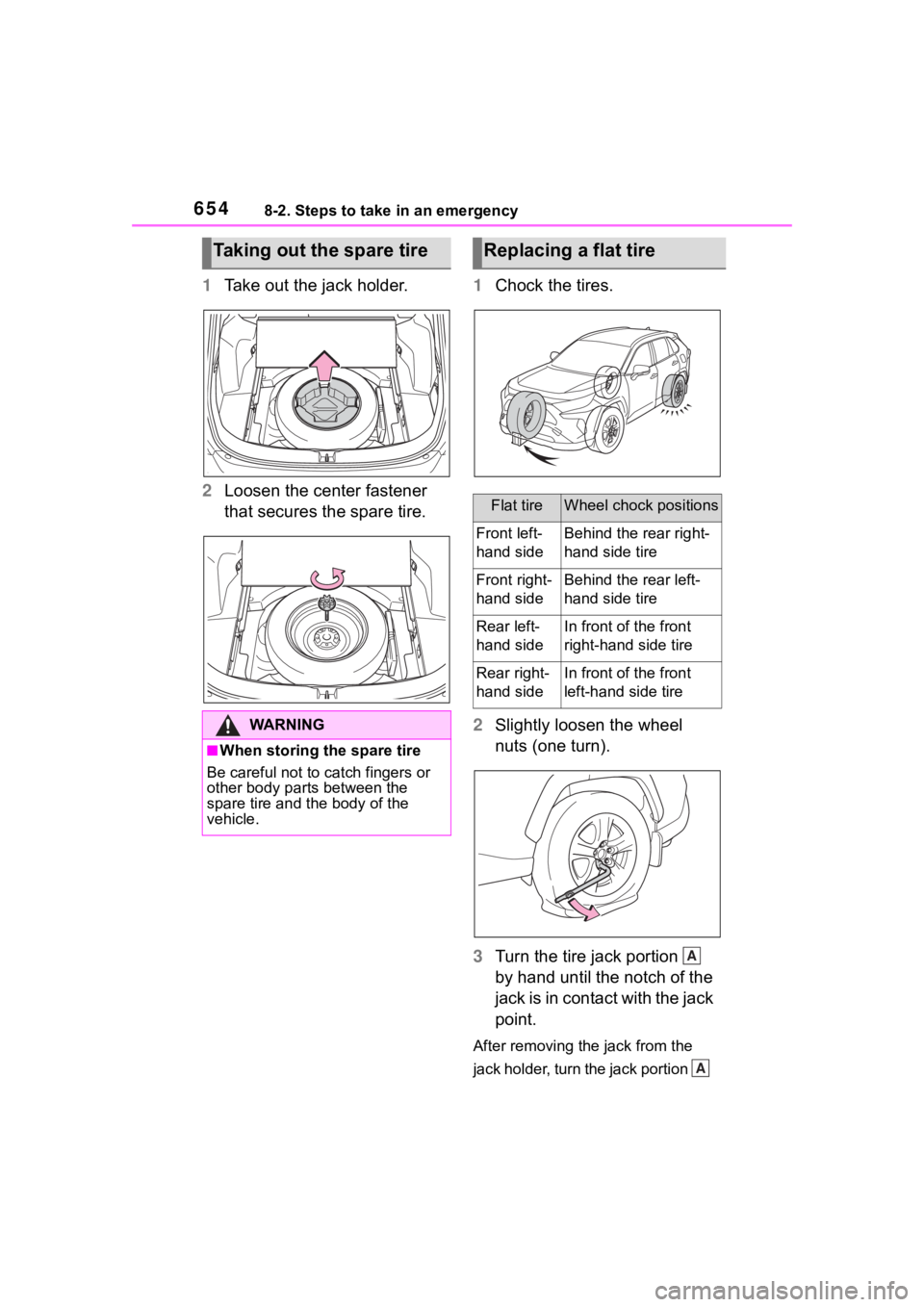 TOYOTA RAV4 HYBRID 2020 Owners Manual (in English) 6548-2. Steps to take in an emergency
1Take out the jack holder.
2 Loosen the center fastener
that secures the spare tire. 1
Chock the tires.
2 Slightly loosen the wheel
nuts (one turn).
3 Turn the TOYOTA RAV4 HYBRID 2020 Owners Manual (in English) 6548-2. Steps to take in an emergency
1Take out the jack holder.
2 Loosen the center fastener
that secures the spare tire. 1
Chock the tires.
2 Slightly loosen the wheel
nuts (one turn).
3 Turn the