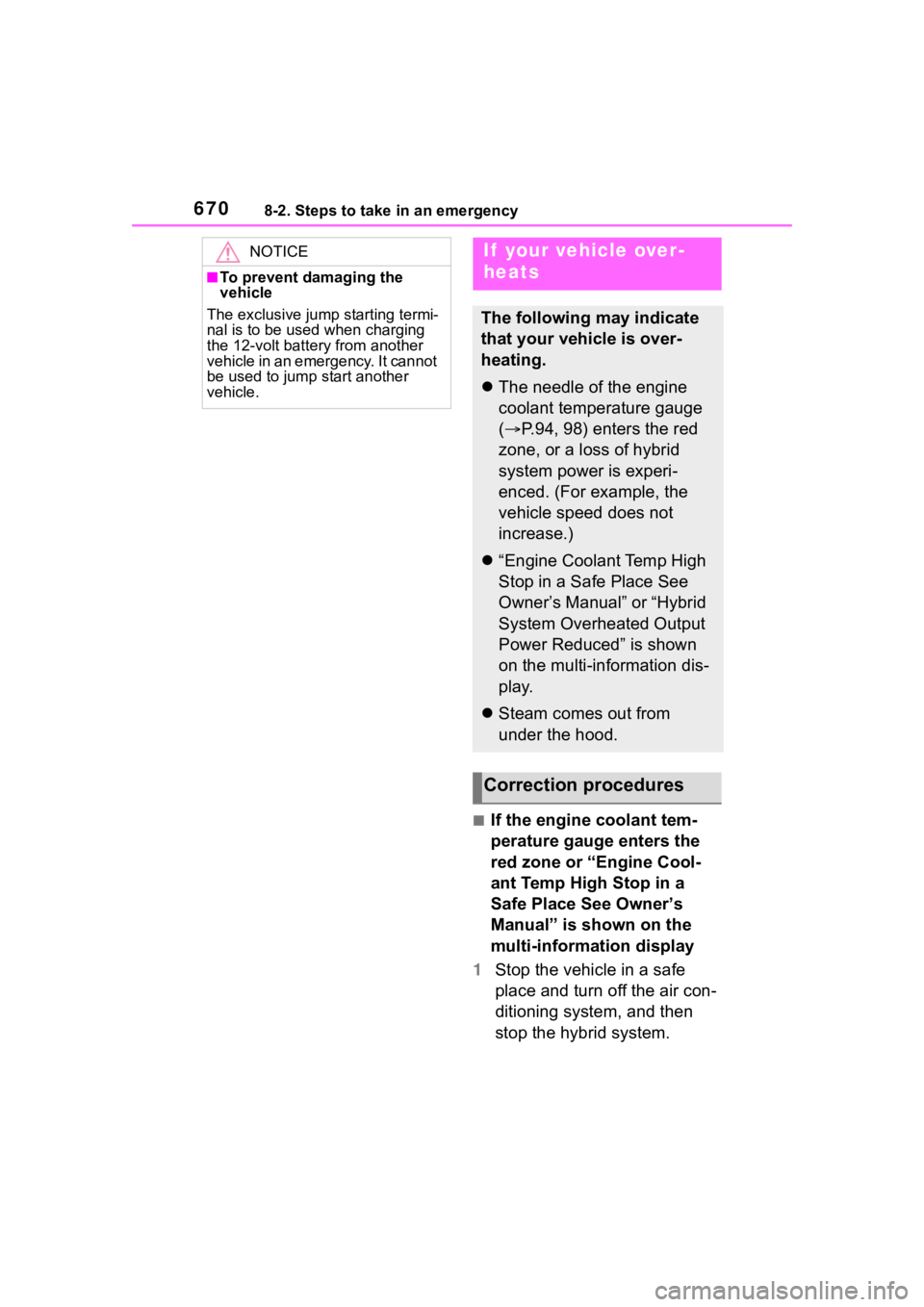TOYOTA RAV4 HYBRID 2020 Owners Manual (in English) 6708-2. Steps to take in an emergency
■If the engine coolant tem-
perature gauge enters the
red zone or “Engine Cool-
ant Temp High Stop in a
Safe Place See Owner’s
Manual” is shown on the TOYOTA RAV4 HYBRID 2020 Owners Manual (in English) 6708-2. Steps to take in an emergency
■If the engine coolant tem-
perature gauge enters the
red zone or “Engine Cool-
ant Temp High Stop in a
Safe Place See Owner’s
Manual” is shown on the