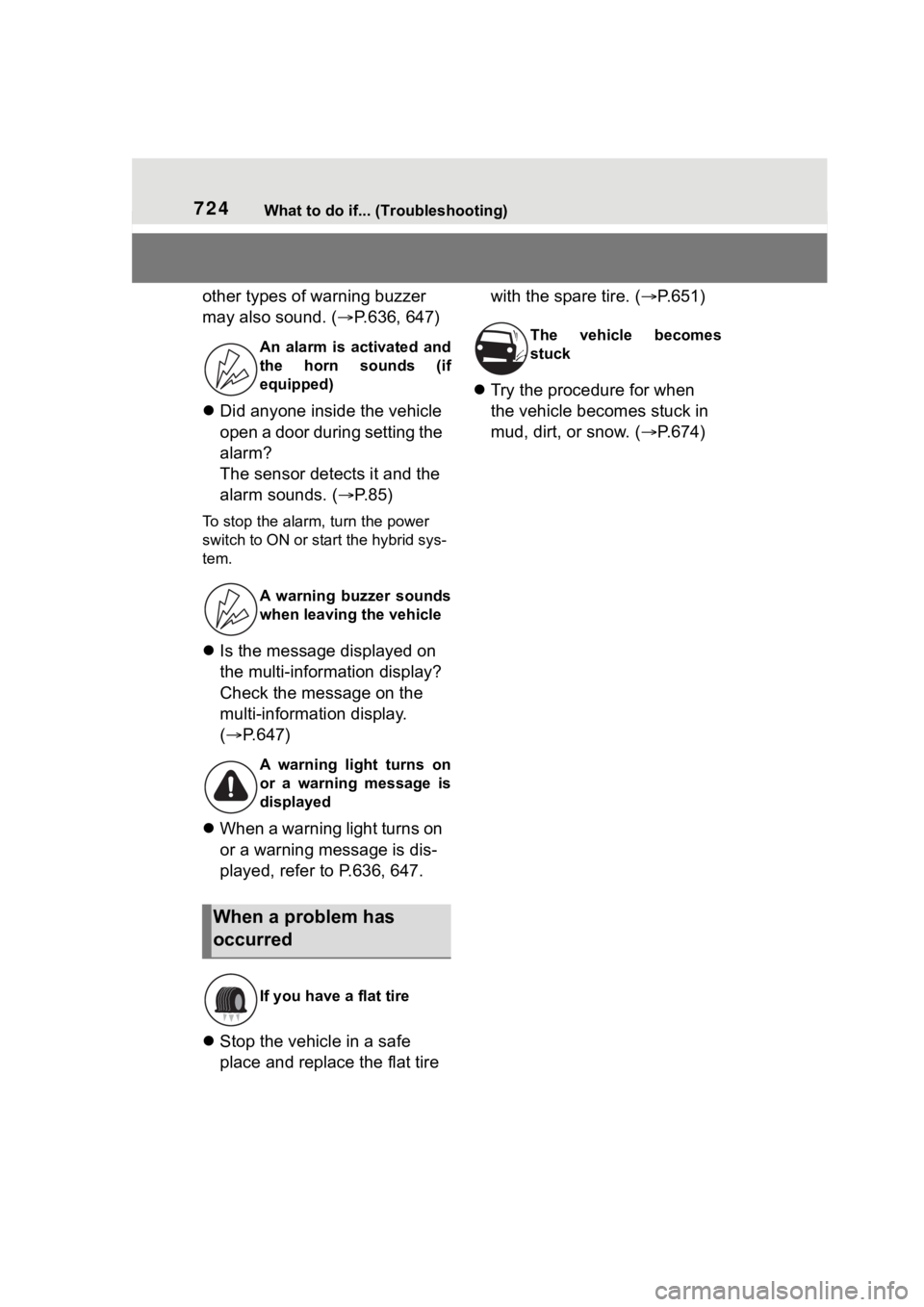 TOYOTA RAV4 HYBRID 2020  Owners Manual (in English) 724What to do if... (Troubleshooting)
other types of warning buzzer 
may also sound. (P.636, 647)
 Did anyone inside the vehicle 
open a door during setting the 
alarm?
The sensor detects it and