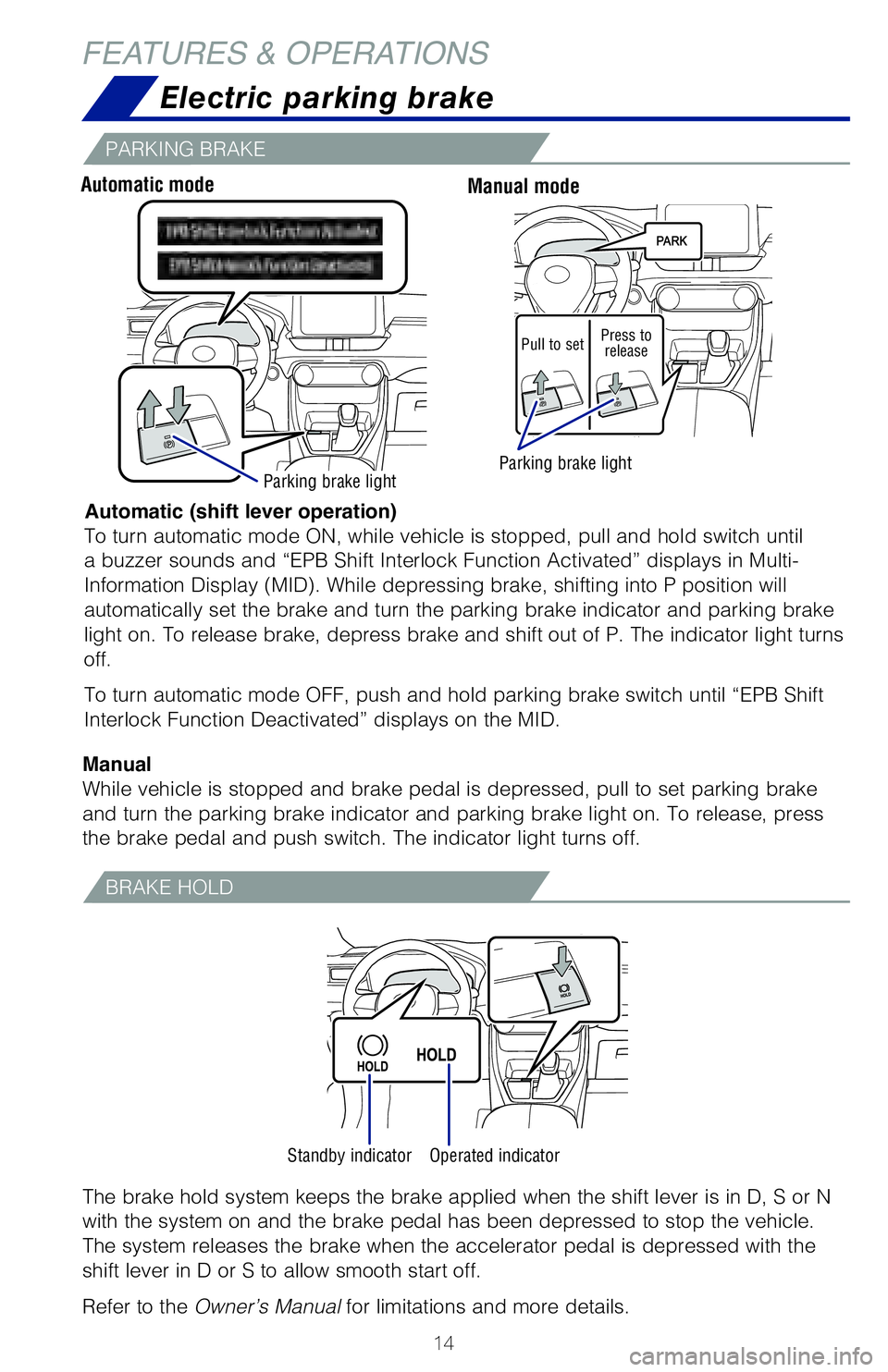 TOYOTA RAV4 HYBRID 2020  Owners Manual (in English) 14
Electric parking brake
Automatic (shift lever operation)
ManualTo turn automatic mode ON, while vehicle is stopped, pull and hold switc\
h until 
a buzzer sounds and “EPB Shift Interlock Function