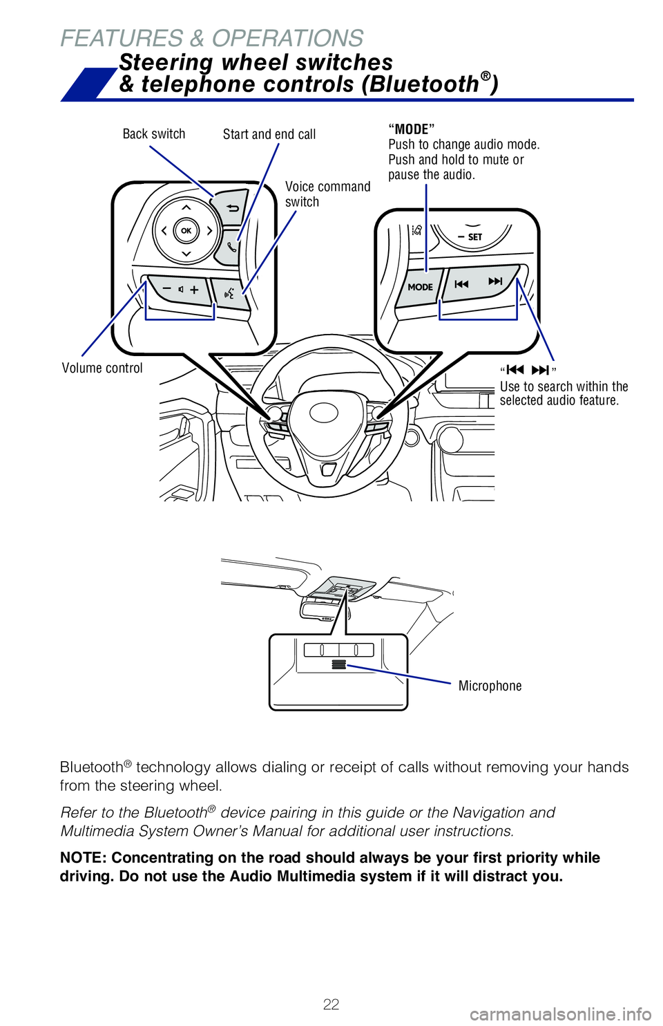 TOYOTA RAV4 HYBRID 2020   (in English) Owners Manual 22
FEATURES & OPERATIONS
Bluetooth® technology allows dialing or receipt of calls without removing your han\
ds 
from the steering wheel. 
Refer to the Bluetooth
® device pairing in this guide or th