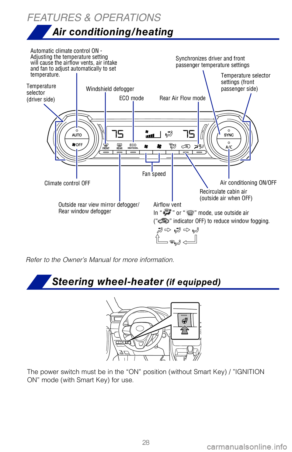 TOYOTA RAV4 HYBRID 2020   (in English) Owners Manual 28
FEATURES & OPERATIONSAir conditioning/heating
Automatic climate control ON - 
Adjusting the temperature setting 
will cause the airflow vents, air intake 
and fan to adjust automatically to set 
te