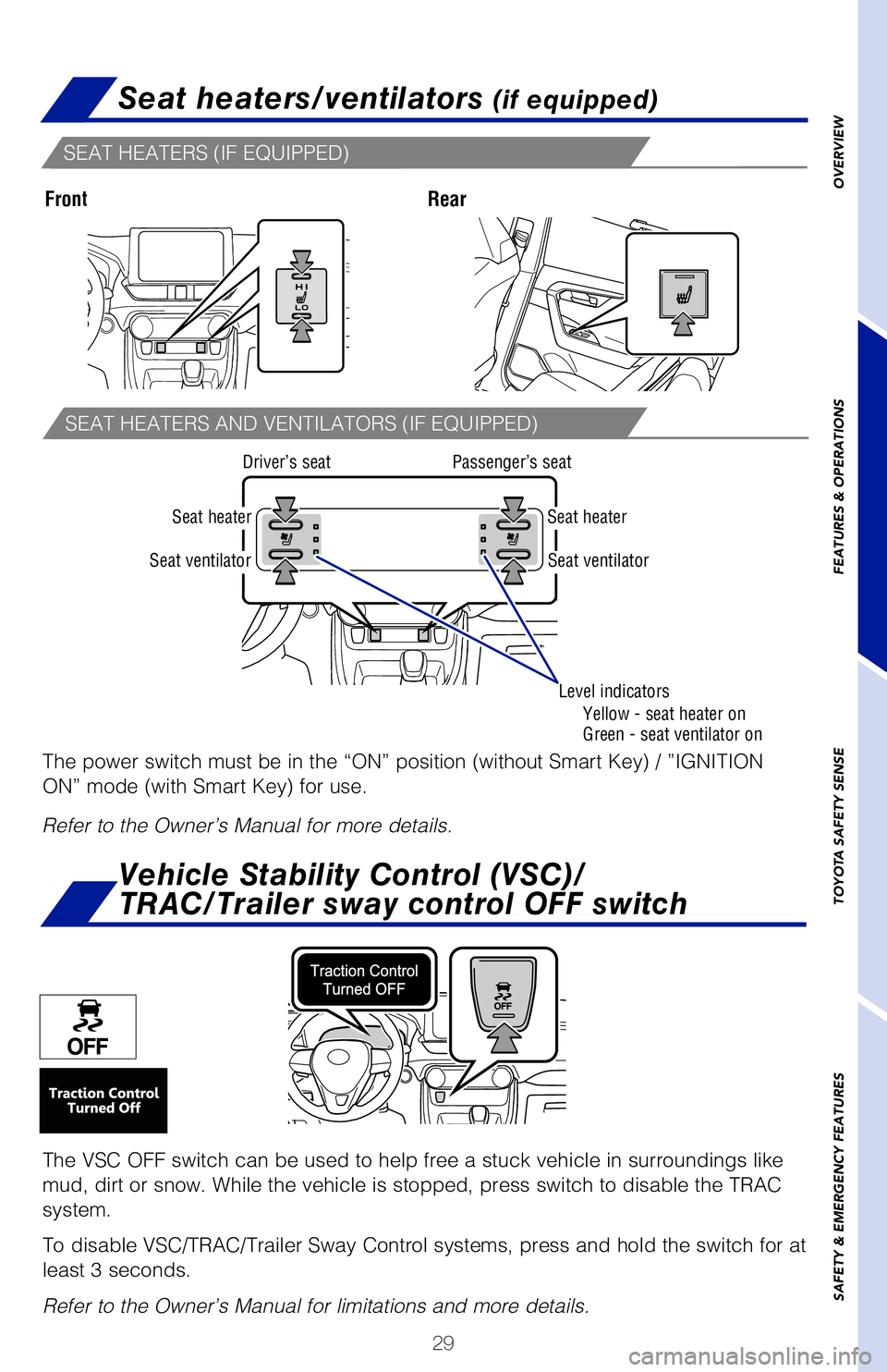 TOYOTA RAV4 HYBRID 2020   (in English) Owners Guide 29
OVERVIEW
FEATURES & OPERATIONS
TOYOTA SAFETY SENSE
SAFETY & EMERGENCY FEATURES
Refer to the Owner’s Manual for more details.
Seat heaters/ventilators (if equipped)
FrontRear
�4�&�"�5��)�&�"�5�&�