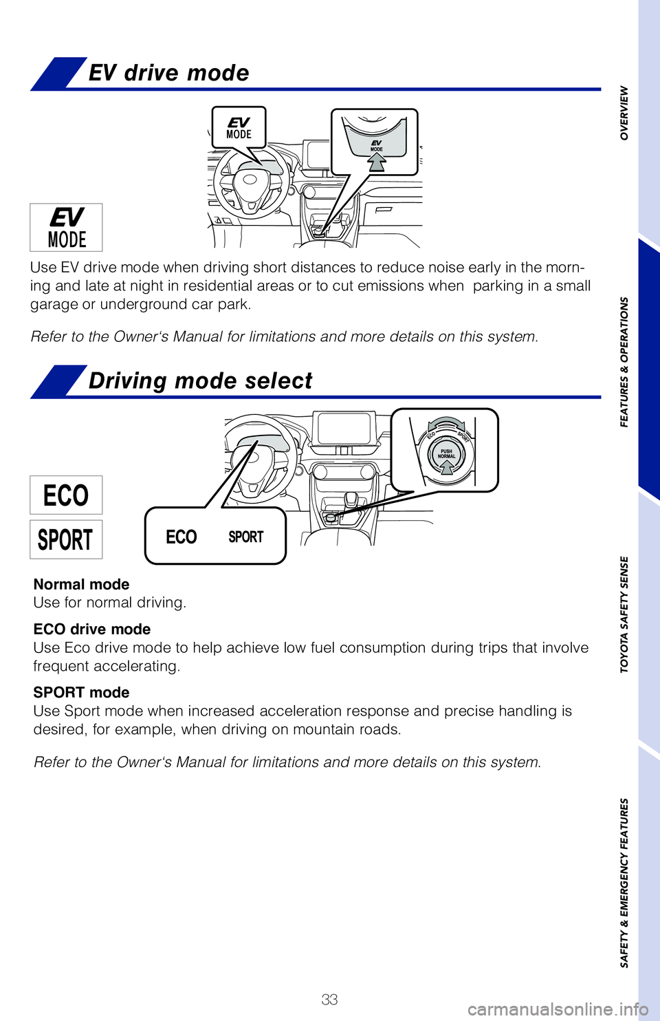 TOYOTA RAV4 HYBRID 2020  Owners Manual (in English) 33
OVERVIEW
FEATURES & OPERATIONS
TOYOTA SAFETY SENSE
SAFETY & EMERGENCY FEATURES
Use EV drive mode when driving short distances to reduce noise early in \
the morn-
ing and late at night in residenti