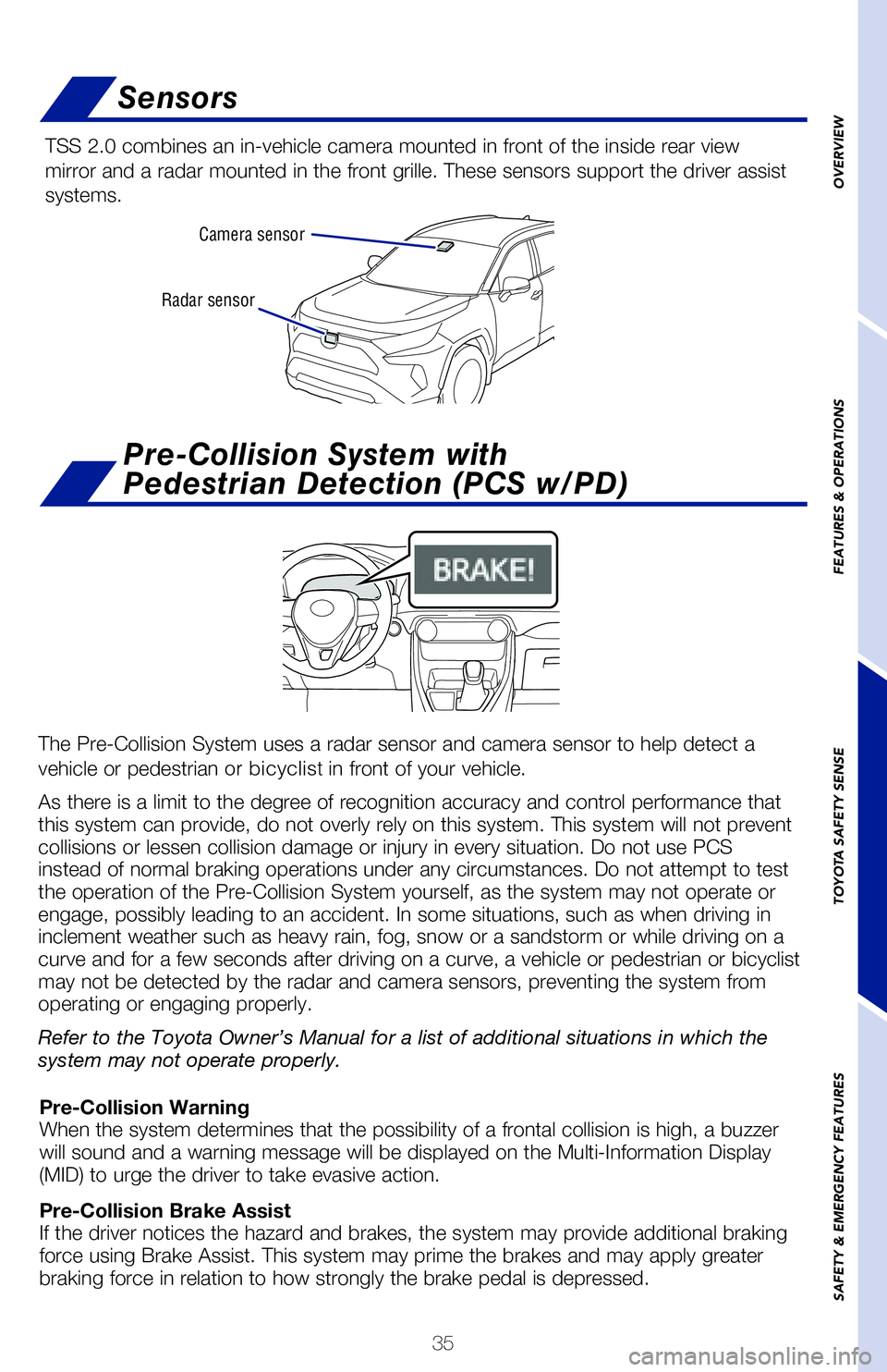 TOYOTA RAV4 HYBRID 2020   (in English) Owners Guide 35
OVERVIEW
FEATURES & OPERATIONS
TOYOTA SAFETY SENSE
SAFETY & EMERGENCY FEATURES
Radar sensor Camera sensor
Sensors
TSS 2.0 combines an in-vehicle camera mounted in front of the inside rea\
r view 
m