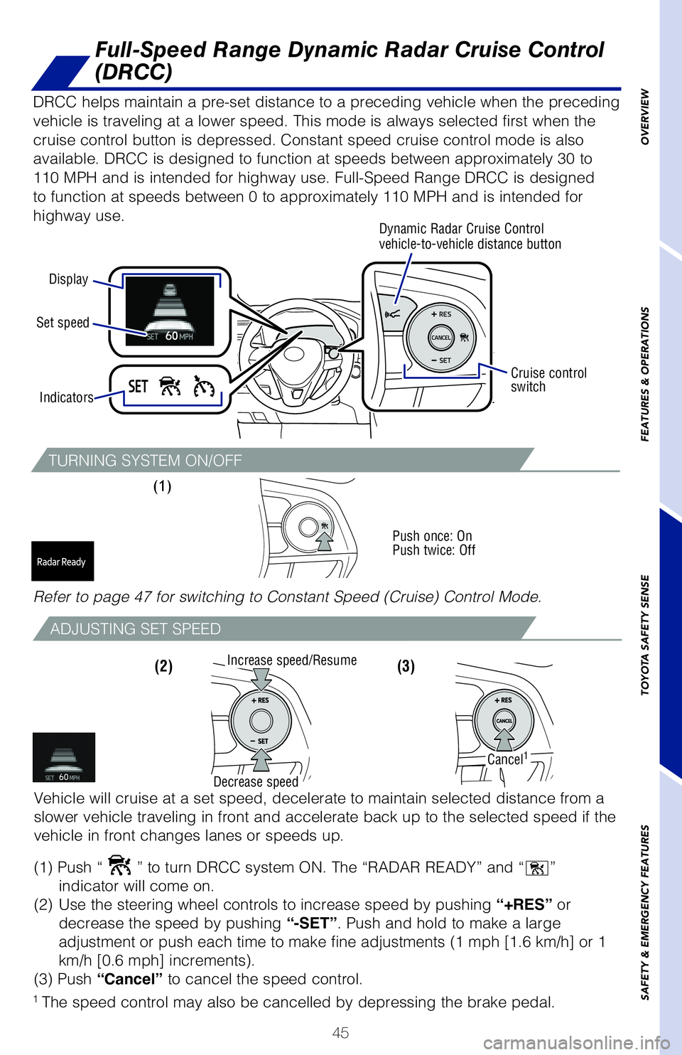 TOYOTA RAV4 HYBRID 2020   (in English) Service Manual 45
OVERVIEW
FEATURES & OPERATIONS
TOYOTA SAFETY SENSE
SAFETY & EMERGENCY FEATURES
TURNING SYSTEM ON/OFF
(1) 
Push once: On
Push twice: Off
Full-Speed Range Dynamic Radar Cruise Control 
(DRCC)
DRCC he