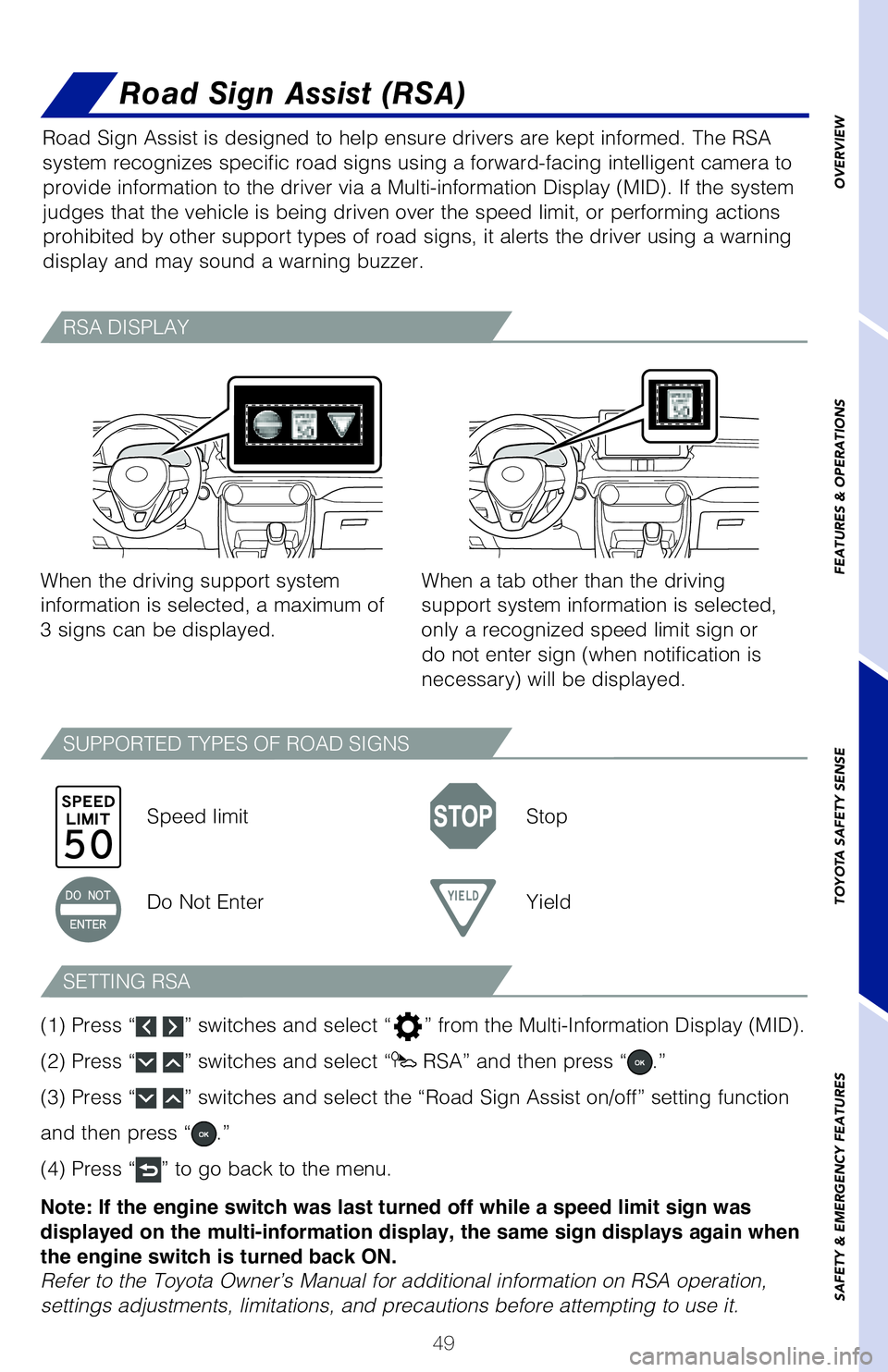 TOYOTA RAV4 HYBRID 2020   (in English) Workshop Manual 49
OVERVIEW
FEATURES & OPERATIONS
TOYOTA SAFETY SENSE
SAFETY & EMERGENCY FEATURES
Road Sign Assist (RSA)
Road Sign Assist is designed to help ensure drivers are kept informed. T\
he RSA 
system recogn