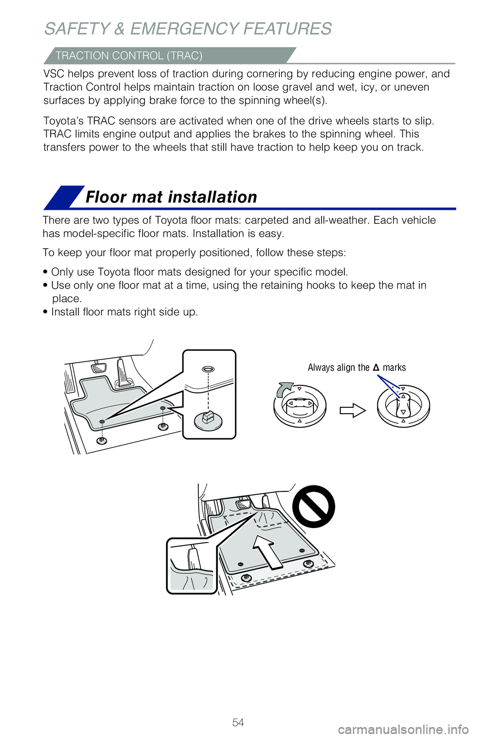 TOYOTA RAV4 HYBRID 2020  Owners Manual (in English) 54
Floor mat installation
SAFETY & EMERGENCY FEATURES
There are two types of Toyota floor mats: carpeted and all-weather. Each\
 vehicle 
has model-specific floor mats. Installation is easy. 
To keep 