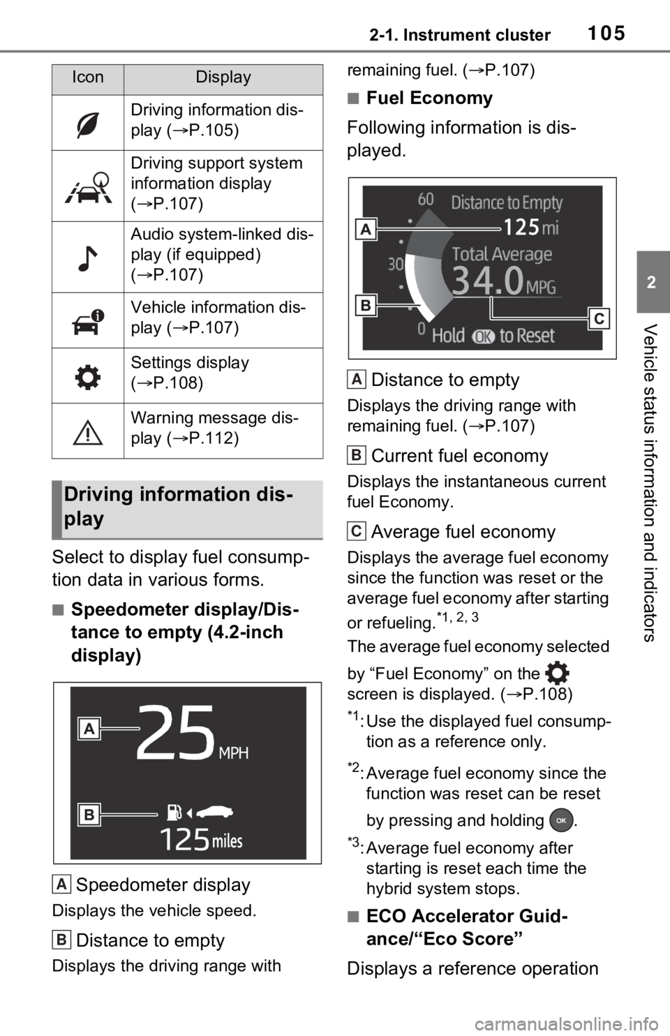 TOYOTA RAV4 HYBRID 2020 Owners Manual (in English) 1052-1. Instrument cluster
2
Vehicle status information and indicators
Select to display fuel consump-
tion data in various forms.
■Speedometer display/Dis-
tance to empty (4.2-inch
display)
Speedo TOYOTA RAV4 HYBRID 2020 Owners Manual (in English) 1052-1. Instrument cluster
2
Vehicle status information and indicators
Select to display fuel consump-
tion data in various forms.
■Speedometer display/Dis-
tance to empty (4.2-inch
display)
Speedo