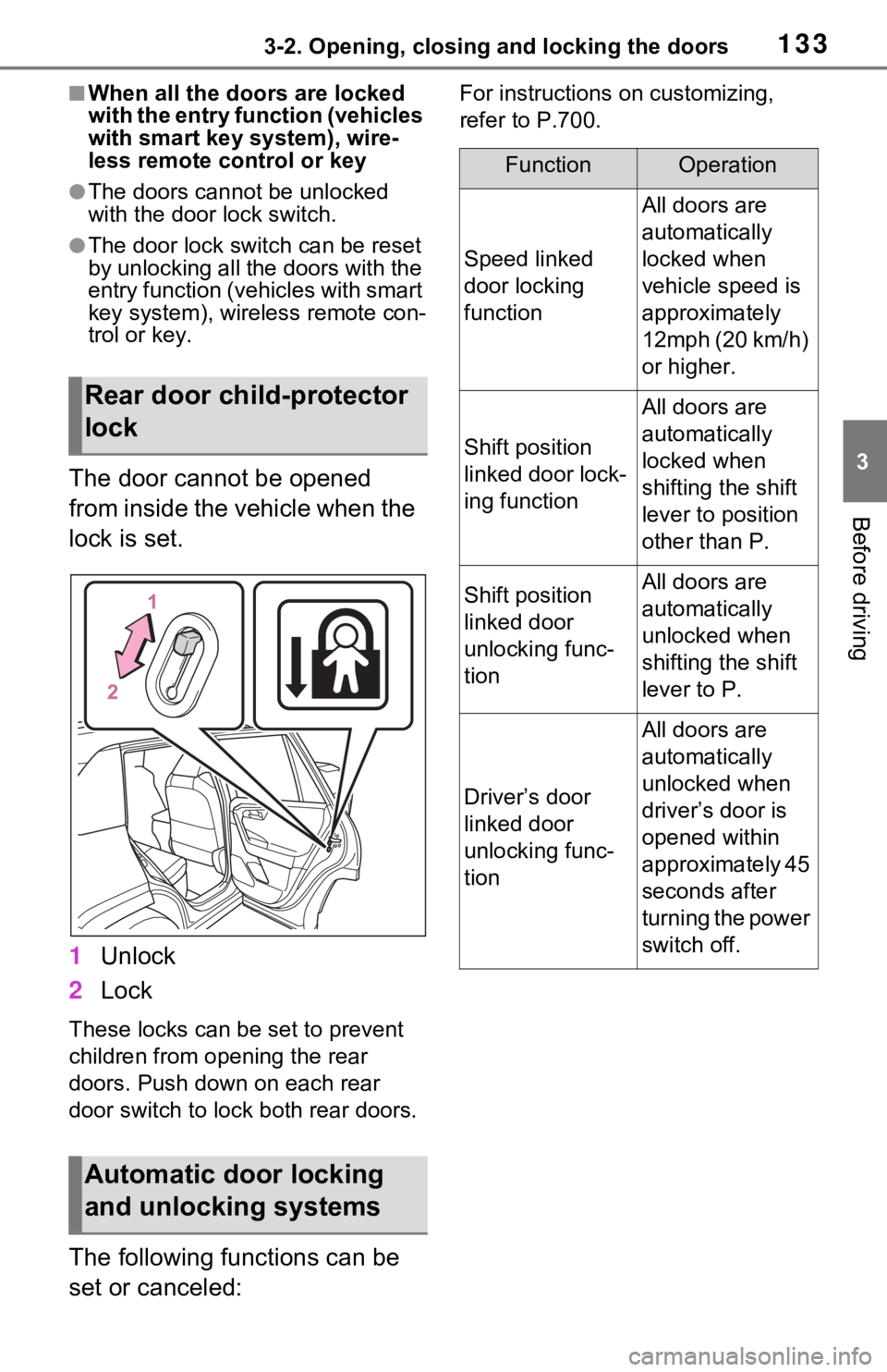 TOYOTA RAV4 HYBRID 2020 Owners Manual (in English) 1333-2. Opening, closing and locking the doors
3
Before driving
■When all the doors are locked
with the entry function (vehicles
with smart key system), wire-
less remote control or key
●The doo TOYOTA RAV4 HYBRID 2020 Owners Manual (in English) 1333-2. Opening, closing and locking the doors
3
Before driving
■When all the doors are locked
with the entry function (vehicles
with smart key system), wire-
less remote control or key
●The doo