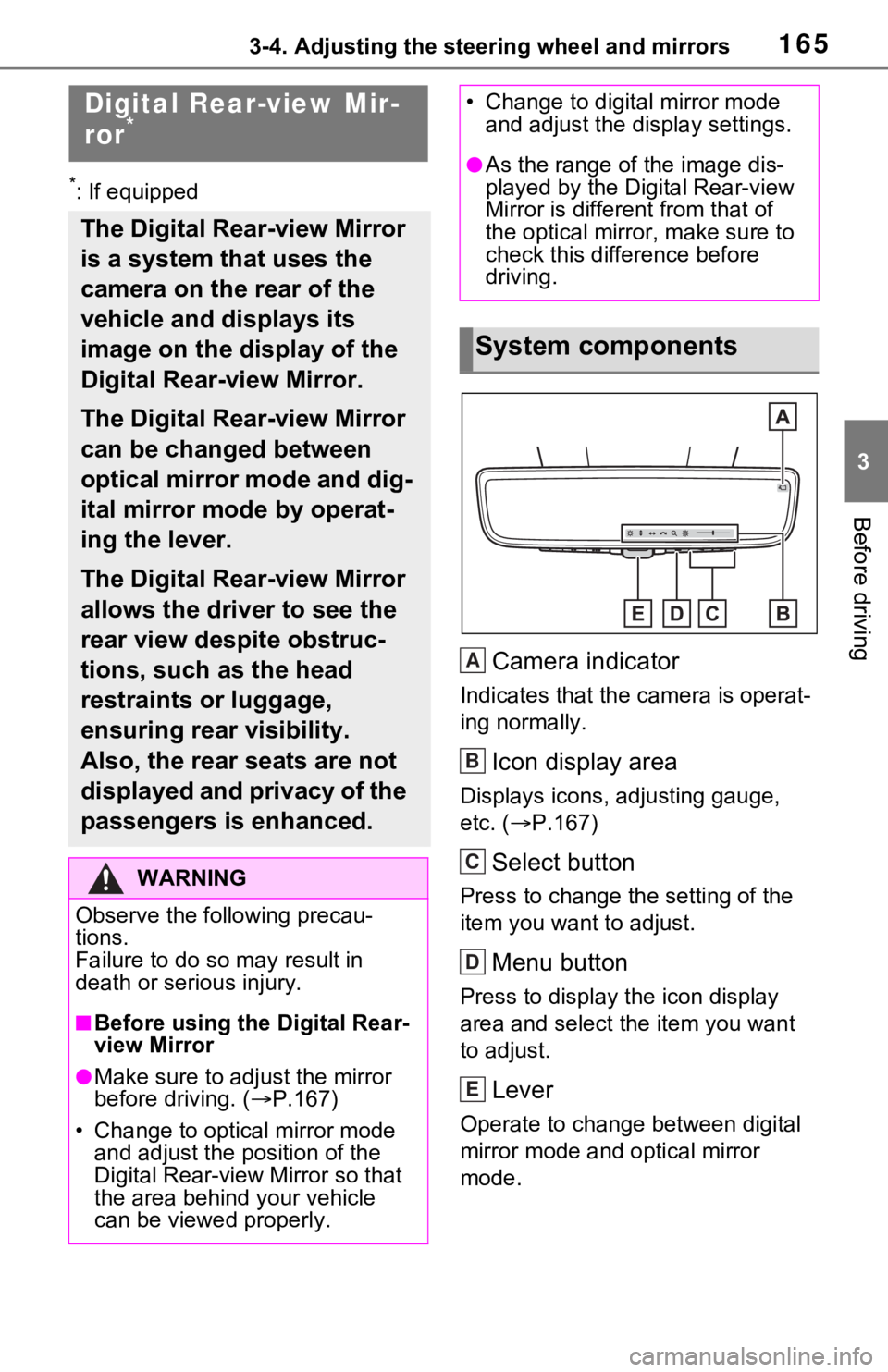 TOYOTA RAV4 HYBRID 2020 Owners Manual (in English) 1653-4. Adjusting the steering wheel and mirrors
3
Before driving
*: If equipped
Camera indicator
Indicates that the camera is operat-
ing normally.
Icon display area
Displays icons, adjusting gauge, TOYOTA RAV4 HYBRID 2020 Owners Manual (in English) 1653-4. Adjusting the steering wheel and mirrors
3
Before driving
*: If equipped
Camera indicator
Indicates that the camera is operat-
ing normally.
Icon display area
Displays icons, adjusting gauge,
