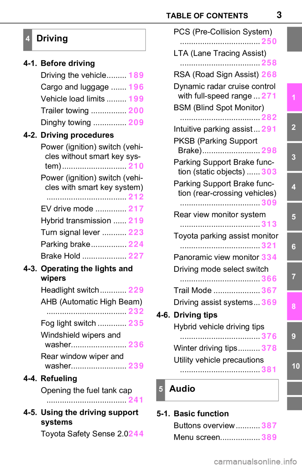 TOYOTA RAV4 HYBRID 2020 Owners Manual (in English) 3TABLE OF CONTENTS
1
2
3
4
5
6
7
8
9
10
4-1. Before drivingDriving the vehicle......... 189
Cargo and luggage ....... 196
Vehicle load limits ......... 199
Trailer towing ................ 200
Dinghy t TOYOTA RAV4 HYBRID 2020 Owners Manual (in English) 3TABLE OF CONTENTS
1
2
3
4
5
6
7
8
9
10
4-1. Before drivingDriving the vehicle......... 189
Cargo and luggage ....... 196
Vehicle load limits ......... 199
Trailer towing ................ 200
Dinghy t