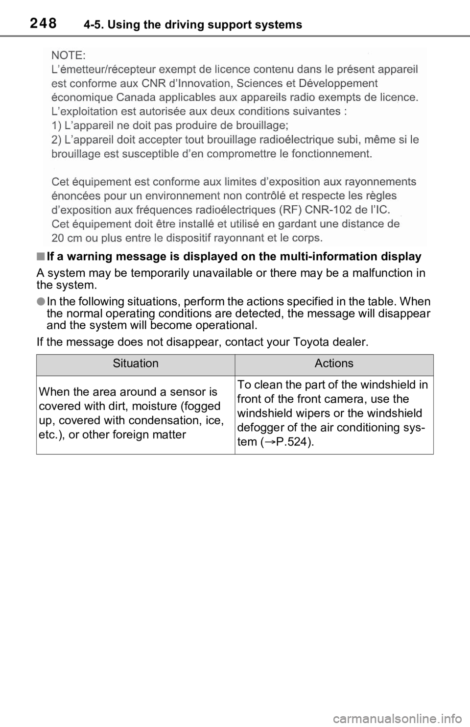 TOYOTA RAV4 HYBRID 2020 Owners Manual (in English) 2484-5. Using the driving support systems
■If a warning message is displayed on the multi-information display
A system may be temporarily unava ilable or there may be a malfunction in
the system.
TOYOTA RAV4 HYBRID 2020 Owners Manual (in English) 2484-5. Using the driving support systems
■If a warning message is displayed on the multi-information display
A system may be temporarily unava ilable or there may be a malfunction in
the system.