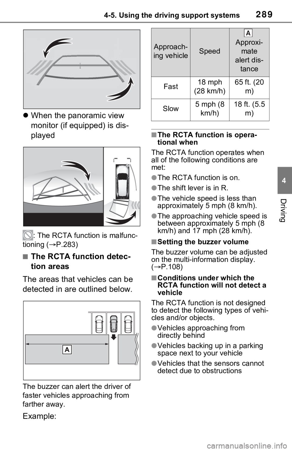 TOYOTA RAV4 HYBRID 2020 Owners Manual (in English) 2894-5. Using the driving support systems
4
Driving
When the panoramic view
monitor (if equipped) is dis-
played
: The RCTA function is malfunc-
tioning ( P.283)
■The RCTA function detec-
tio TOYOTA RAV4 HYBRID 2020 Owners Manual (in English) 2894-5. Using the driving support systems
4
Driving
When the panoramic view
monitor (if equipped) is dis-
played
: The RCTA function is malfunc-
tioning ( P.283)
■The RCTA function detec-
tio