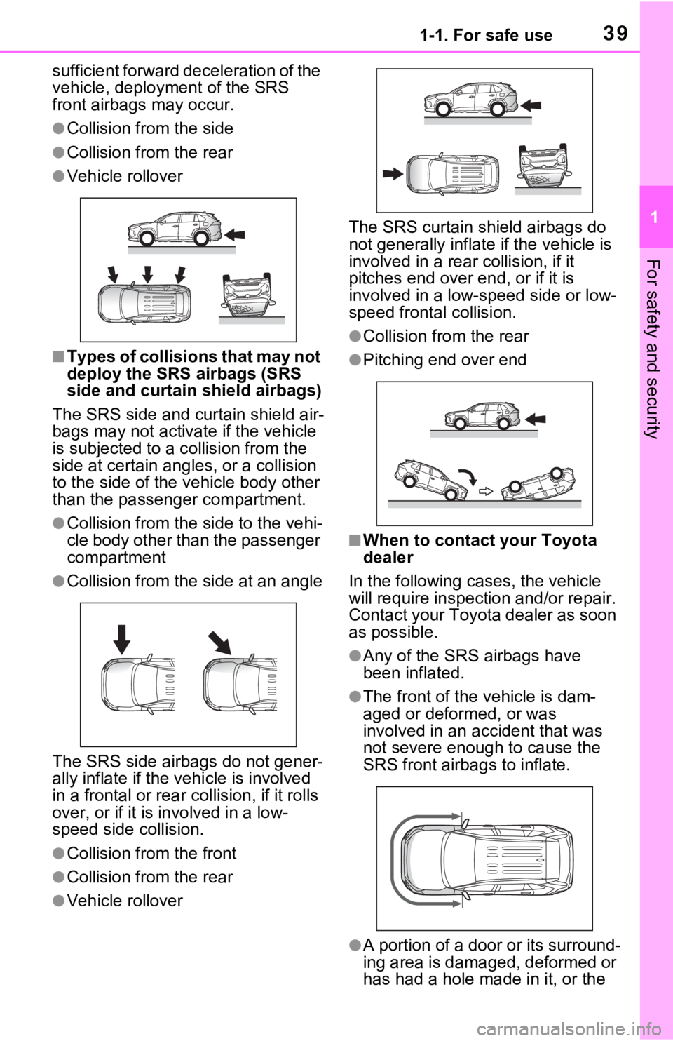 TOYOTA RAV4 HYBRID 2020   (in English) Owners Guide 391-1. For safe use
1
For safety and security
sufficient forward deceleration of the 
vehicle, deployment of the SRS 
front airbags may occur.
●Collision from the side
●Collision from the rear
●