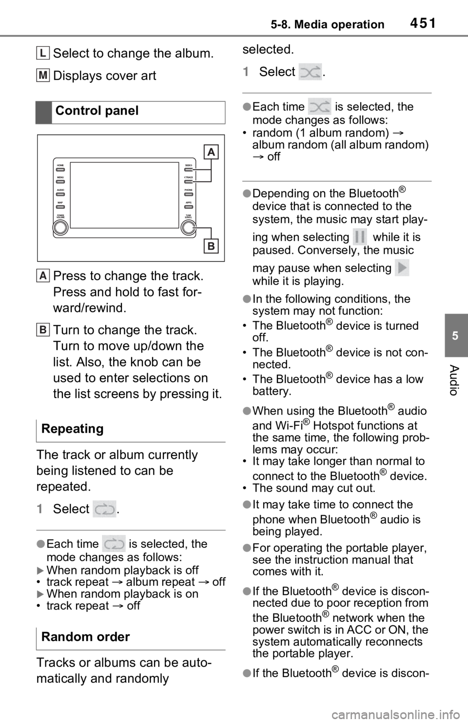 TOYOTA RAV4 HYBRID 2020 Owners Manual (in English) 4515-8. Media operation
5
Audio
Select to change the album.
Displays cover art
Press to change the track.
Press and hold to fast for-
ward/rewind.
Turn to change the track.
Turn to move up/down the
l TOYOTA RAV4 HYBRID 2020 Owners Manual (in English) 4515-8. Media operation
5
Audio
Select to change the album.
Displays cover art
Press to change the track.
Press and hold to fast for-
ward/rewind.
Turn to change the track.
Turn to move up/down the
l