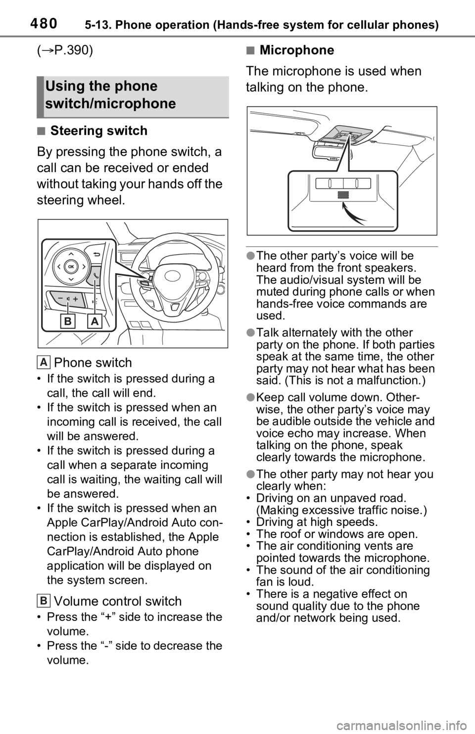 TOYOTA RAV4 HYBRID 2020 Owners Manual (in English) 4805-13. Phone operation (Hands-free system for cellular phones)
(P.390)
■Steering switch
By pressing the phone switch, a
call can be received or ended
without taking your hands off the
steeri TOYOTA RAV4 HYBRID 2020 Owners Manual (in English) 4805-13. Phone operation (Hands-free system for cellular phones)
(P.390)
■Steering switch
By pressing the phone switch, a
call can be received or ended
without taking your hands off the
steeri