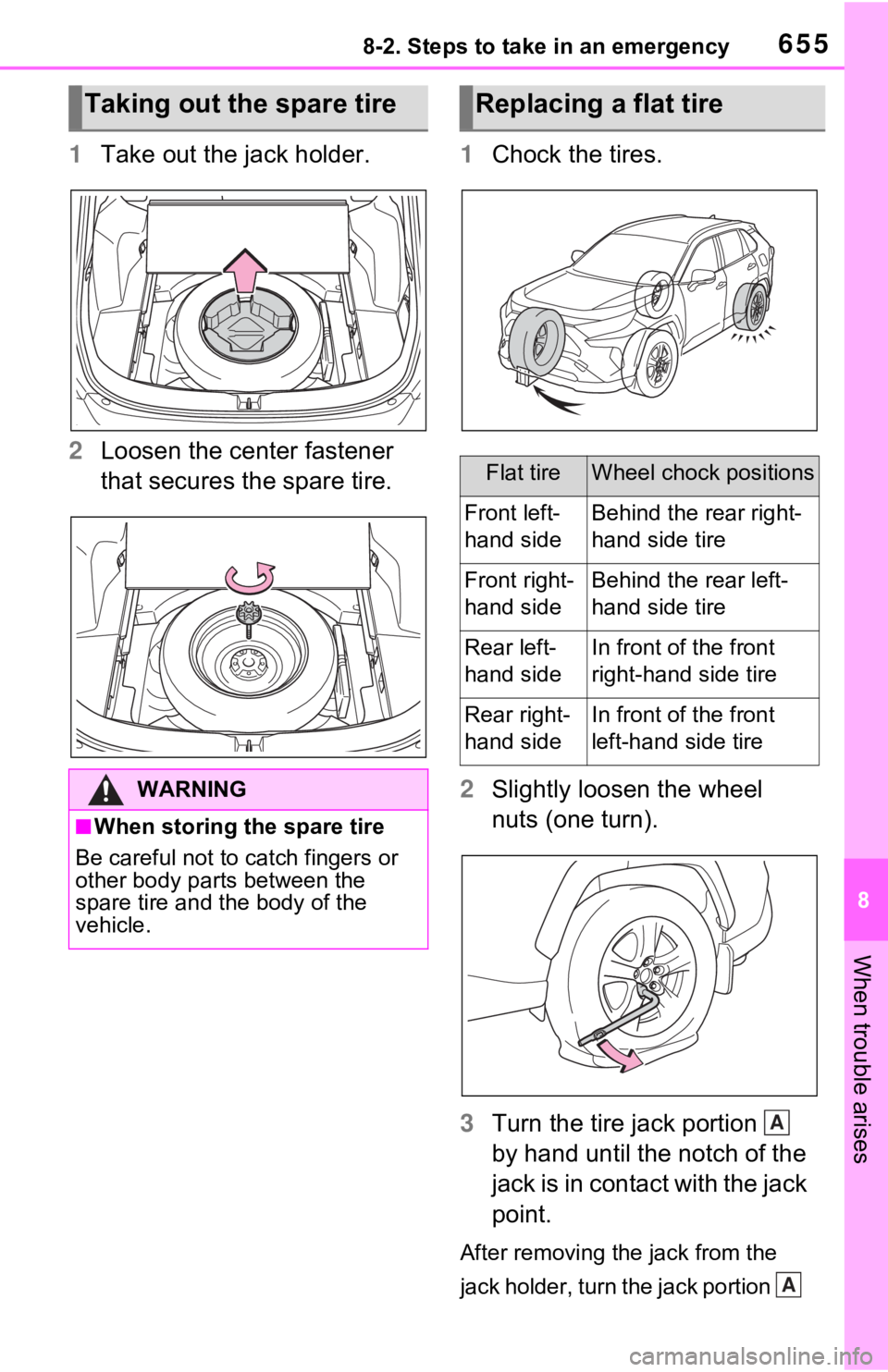 TOYOTA RAV4 HYBRID 2020 Owners Manual (in English) 6558-2. Steps to take in an emergency
8
When trouble arises
1Take out the jack holder.
2 Loosen the center fastener
that secures the spare tire. 1
Chock the tires.
2 Slightly loosen the wheel
nuts ( TOYOTA RAV4 HYBRID 2020 Owners Manual (in English) 6558-2. Steps to take in an emergency
8
When trouble arises
1Take out the jack holder.
2 Loosen the center fastener
that secures the spare tire. 1
Chock the tires.
2 Slightly loosen the wheel
nuts (