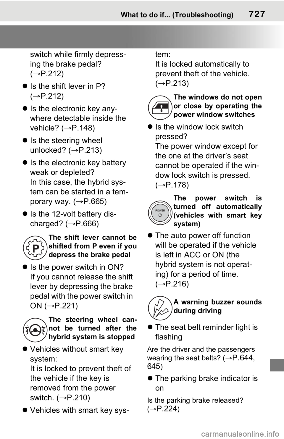 TOYOTA RAV4 HYBRID 2020 Owners Manual (in English) 727What to do if... (Troubleshooting)
switch while firmly depress-
ing the brake pedal?
(P.212)
Is the shift lever in P?
( P.212)
Is the electronic key any-
where detectable inside the TOYOTA RAV4 HYBRID 2020 Owners Manual (in English) 727What to do if... (Troubleshooting)
switch while firmly depress-
ing the brake pedal?
(P.212)
Is the shift lever in P?
( P.212)
Is the electronic key any-
where detectable inside the