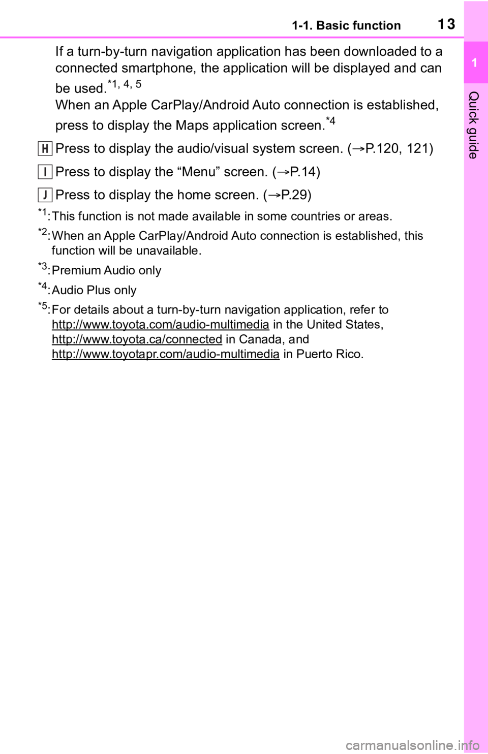 TOYOTA RAV4 HYBRID 2020  Accessories, Audio & Navigation (in English) 131-1. Basic function
1
Quick guide
If a turn-by-turn navigation application has been downloaded to a 
connected smartphone, the application will be displayed and can 
be used.
*1, 4, 5 
When an Apple