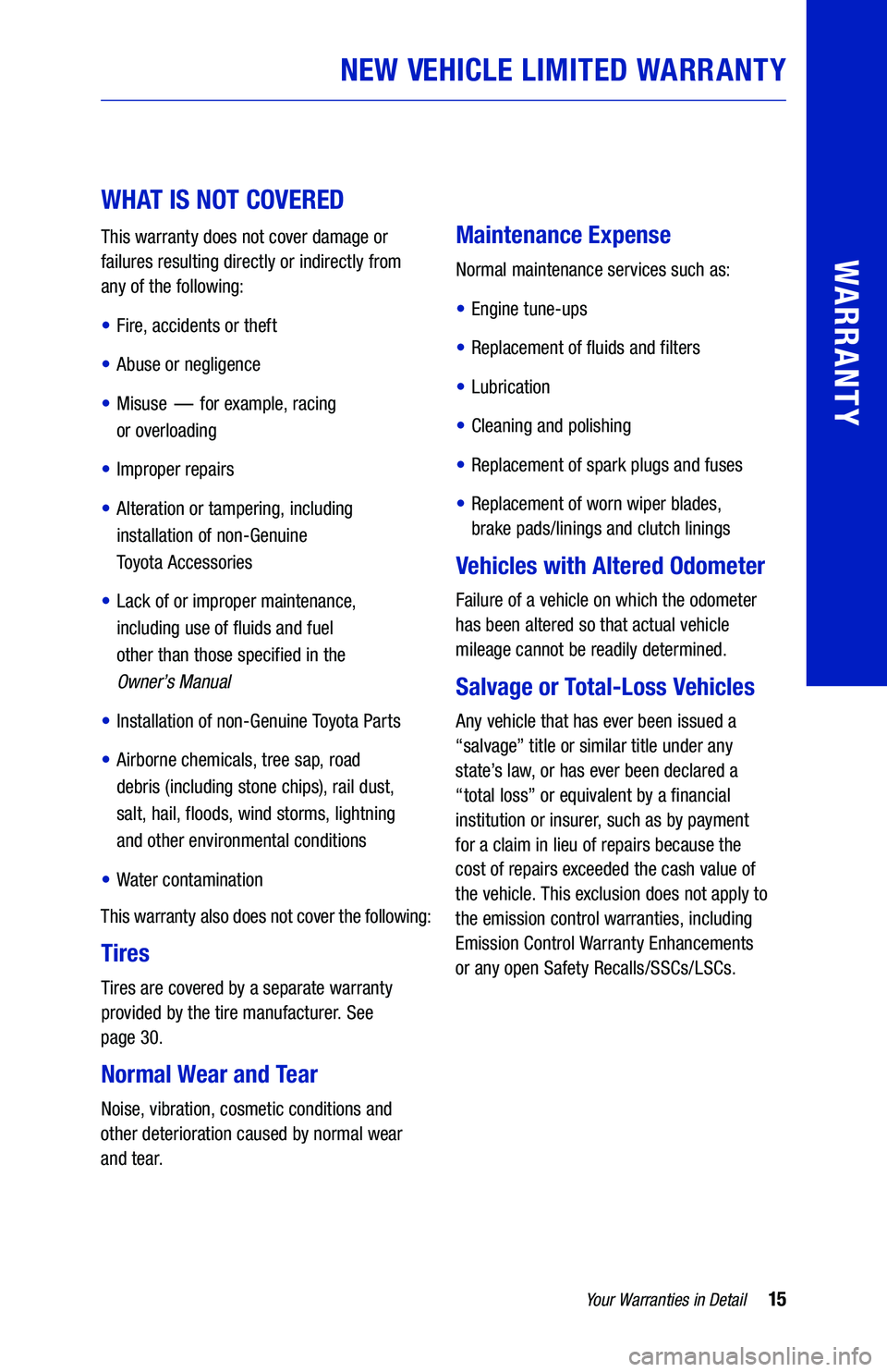 TOYOTA RAV4 HYBRID 2020 Warranties & Maintenance Guides (in English) 15Yo u r Warranties in Detail
WARRANTY
NEW VE HICLE LIMITED WARRANTY
W H AT IS NOT COVERED
This warranty does not cover damage or
failures resulting directly or indirectly from
any of TOYOTA RAV4 HYBRID 2020 Warranties & Maintenance Guides (in English) 15Yo u r Warranties in Detail
WARRANTY
NEW VE HICLE LIMITED WARRANTY
W H AT IS NOT COVERED
This warranty does not cover damage or
failures resulting directly or indirectly from
any of