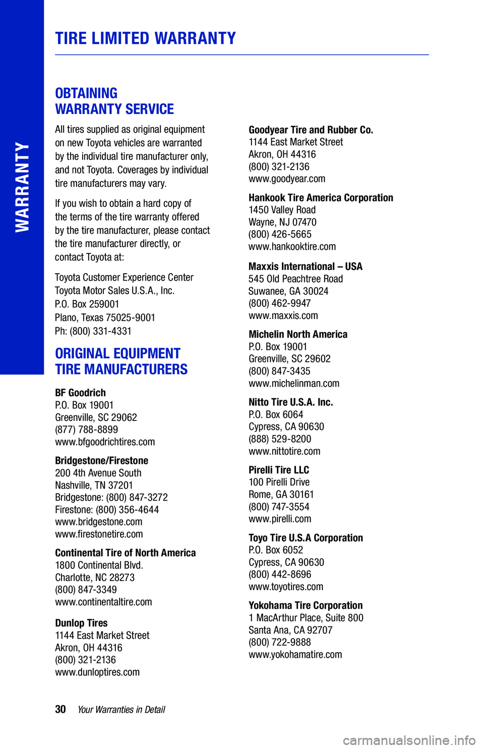 TOYOTA RAV4 HYBRID 2020  Warranties & Maintenance Guides (in English) 30Yo u r Warranties  in Detail
WARRANTY
TIRE  LIMITED WARRANTY
 
OBTAINING   
WARRANTY  SERVICE
All tires supplied  as original equipment  
on  new  Toyo t a  vehicles  are warranted  
by  the  indivi
