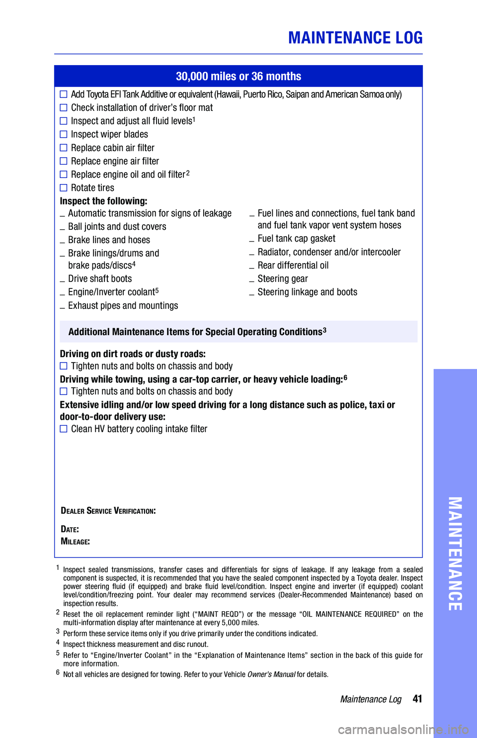 TOYOTA RAV4 HYBRID 2020 Warranties & Maintenance Guides (in English) 41Maintenance Log
MAINTENANCE LOG
MAINTENANCE
30,000 miles or 36 months
Add Toyo t a EFI Ta nk Additive or equivalent (Hawaii, Puerto Rico, Saipan and American Samoa only)
Check installatio TOYOTA RAV4 HYBRID 2020 Warranties & Maintenance Guides (in English) 41Maintenance Log
MAINTENANCE LOG
MAINTENANCE
30,000 miles or 36 months
Add Toyo t a EFI Ta nk Additive or equivalent (Hawaii, Puerto Rico, Saipan and American Samoa only)
Check installatio
