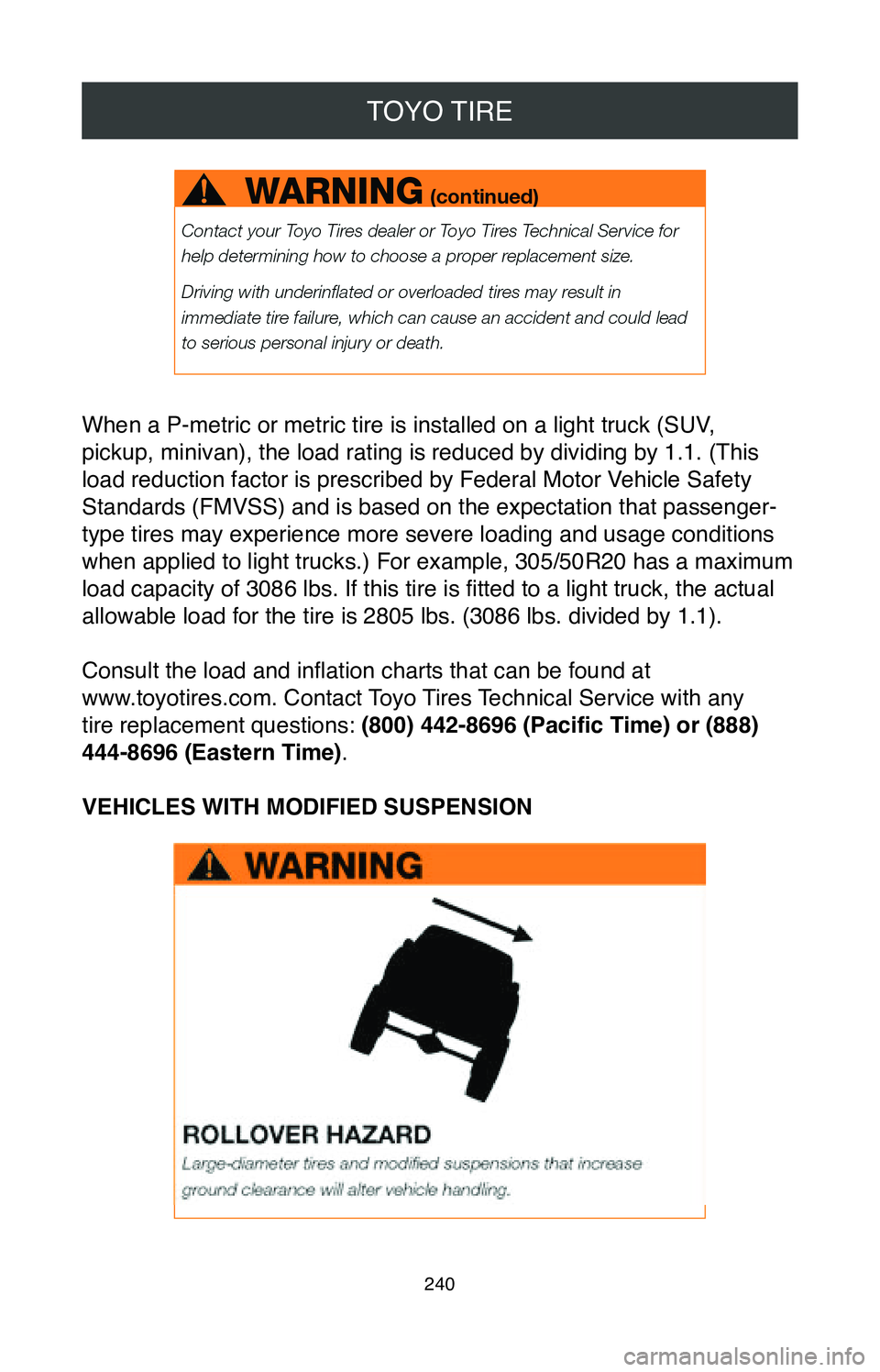 TOYOTA RAV4 HYBRID 2020 Warranties & Maintenance Guides (in English) TOYO TIRE
240
When a P-metric or metric tire is installed on a light truck (SUV,
pickup, minivan), the load rating is reduced by dividing by 1.1. (This
load reduction factor is prescribed by Federal TOYOTA RAV4 HYBRID 2020 Warranties & Maintenance Guides (in English) TOYO TIRE
240
When a P-metric or metric tire is installed on a light truck (SUV,
pickup, minivan), the load rating is reduced by dividing by 1.1. (This
load reduction factor is prescribed by Federal