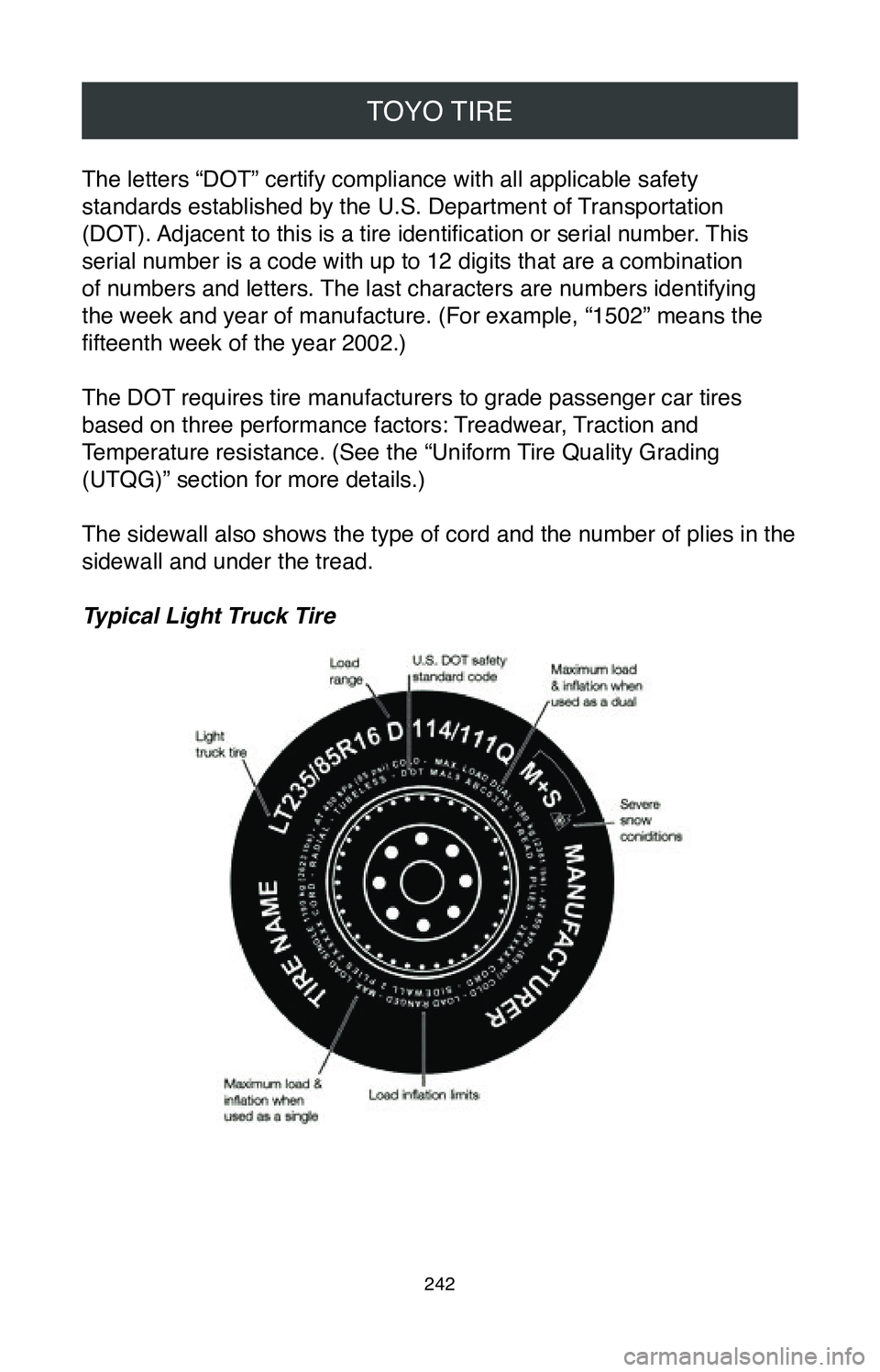 TOYOTA RAV4 HYBRID 2020 Warranties & Maintenance Guides (in English) TOYO TIRE
242
The letters “DOT” certify compliance with all applicable safety
standards established by the U.S. Department of Transportation
(DOT). Adjacent to this is a tire identification or s TOYOTA RAV4 HYBRID 2020 Warranties & Maintenance Guides (in English) TOYO TIRE
242
The letters “DOT” certify compliance with all applicable safety
standards established by the U.S. Department of Transportation
(DOT). Adjacent to this is a tire identification or s