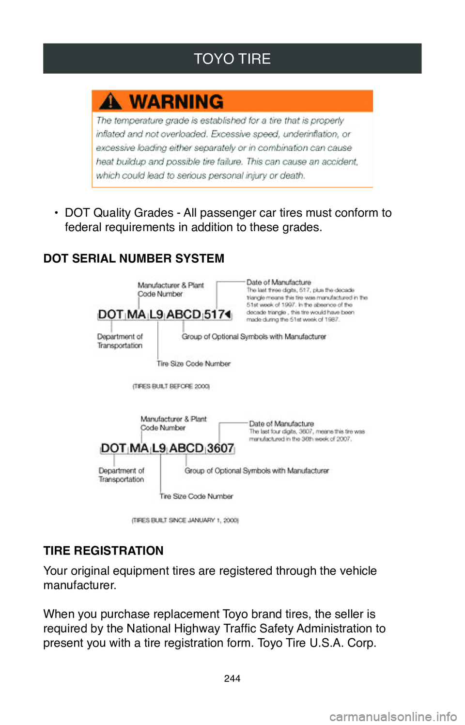 TOYOTA RAV4 HYBRID 2020 Warranties & Maintenance Guides (in English) TOYO TIRE
244
• DOT Quality Grades - All passenger car tires must conform to
federal requirements in addition to these grades.
DOT SERIAL NUMBER SYSTEM
TIRE REGISTRATION
Your original equipment tir TOYOTA RAV4 HYBRID 2020 Warranties & Maintenance Guides (in English) TOYO TIRE
244
• DOT Quality Grades - All passenger car tires must conform to
federal requirements in addition to these grades.
DOT SERIAL NUMBER SYSTEM
TIRE REGISTRATION
Your original equipment tir