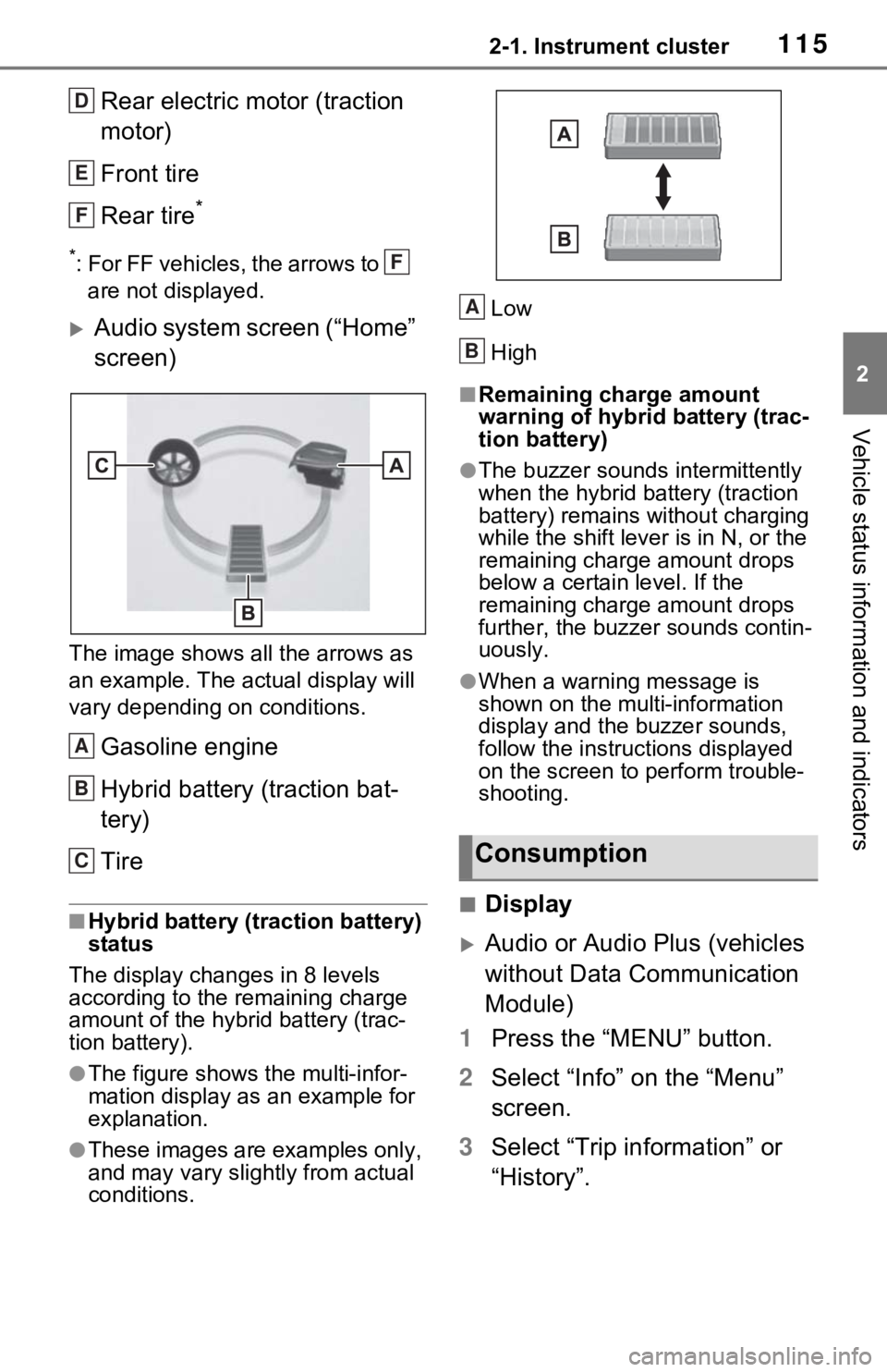 TOYOTA RAV4 HYBRID 2021 Owners Manual (in English) 1152-1. Instrument cluster
2
Vehicle status information and indicators
Rear electric motor (traction
motor)
Front tire
Rear tire
*
*: For FF vehicles, the arrows to
are not displayed.
Audio sys TOYOTA RAV4 HYBRID 2021 Owners Manual (in English) 1152-1. Instrument cluster
2
Vehicle status information and indicators
Rear electric motor (traction
motor)
Front tire
Rear tire
*
*: For FF vehicles, the arrows to
are not displayed.
Audio sys