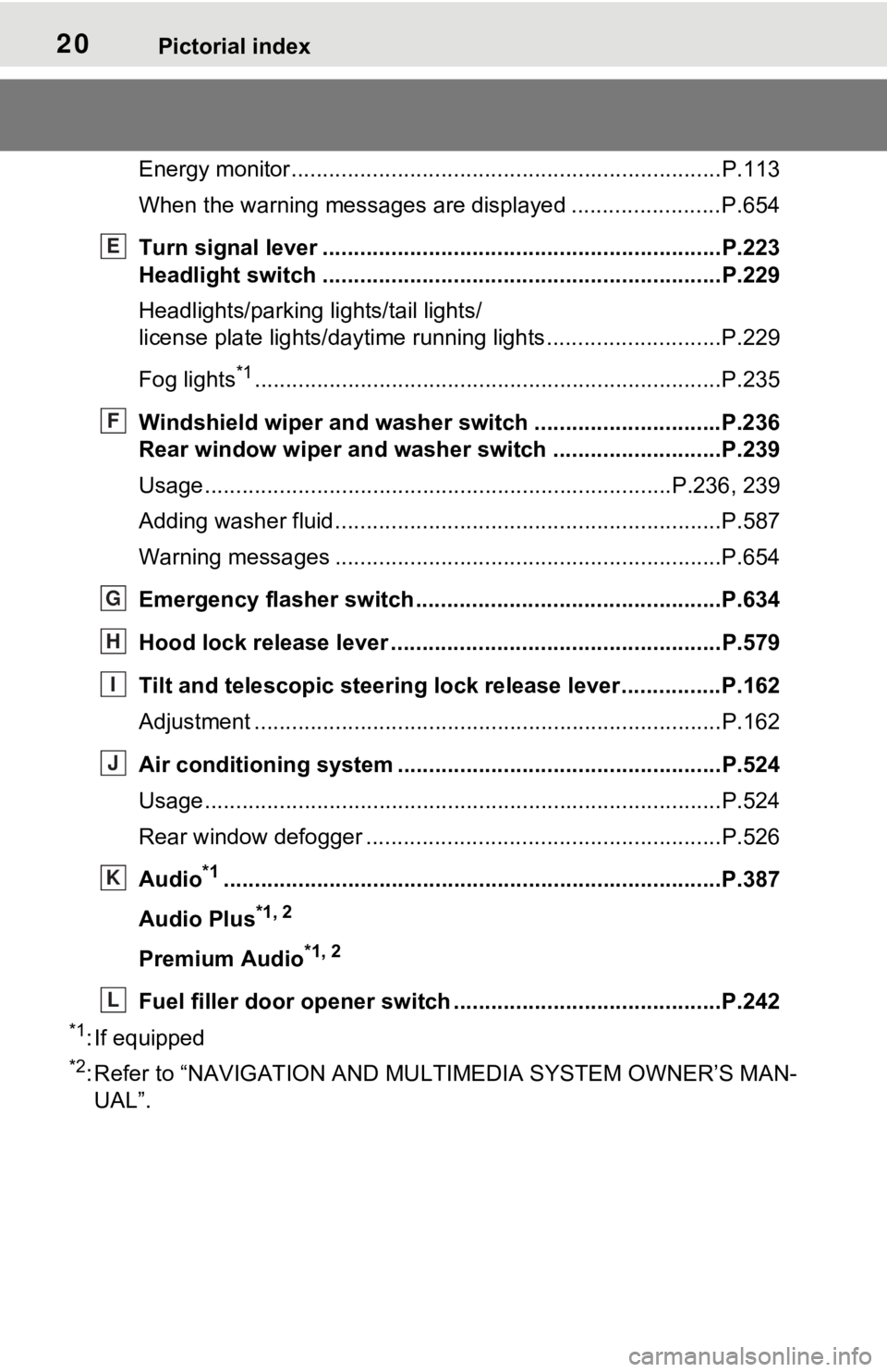 TOYOTA RAV4 HYBRID 2021  Owners Manual (in English) 20Pictorial index
Energy monitor.....................................................................P.113
When the warning messages are displayed ........................ P.654
Turn signal lever ....