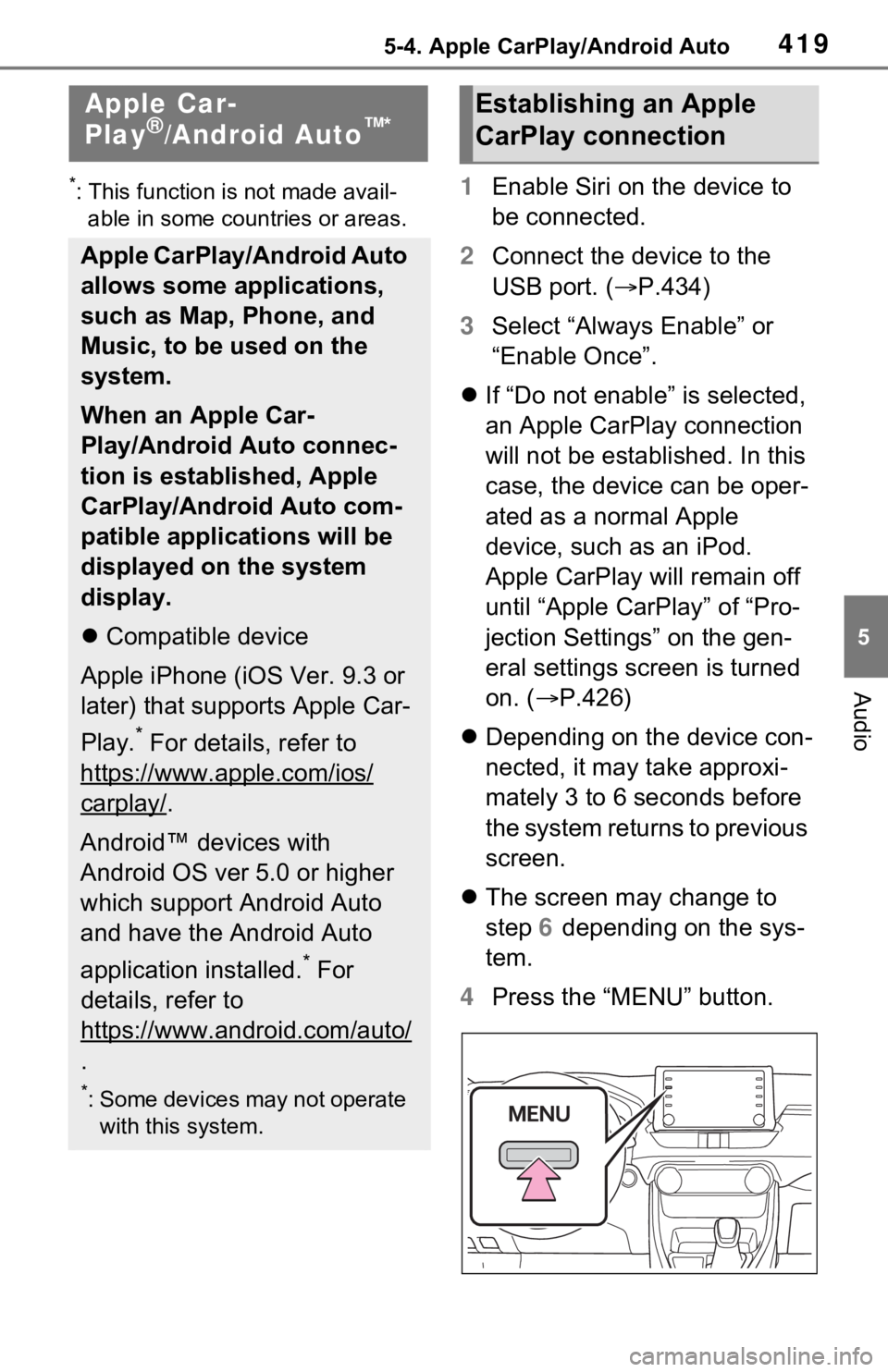TOYOTA RAV4 HYBRID 2021  Owners Manual (in English) 4195-4. Apple CarPlay/Android Auto
5
Audio
5-4.Apple CarPlay/Android Auto
*: This function is not made avail-able in some countries or areas.1 Enable Siri on the device to 
be connected.
2 Connect the