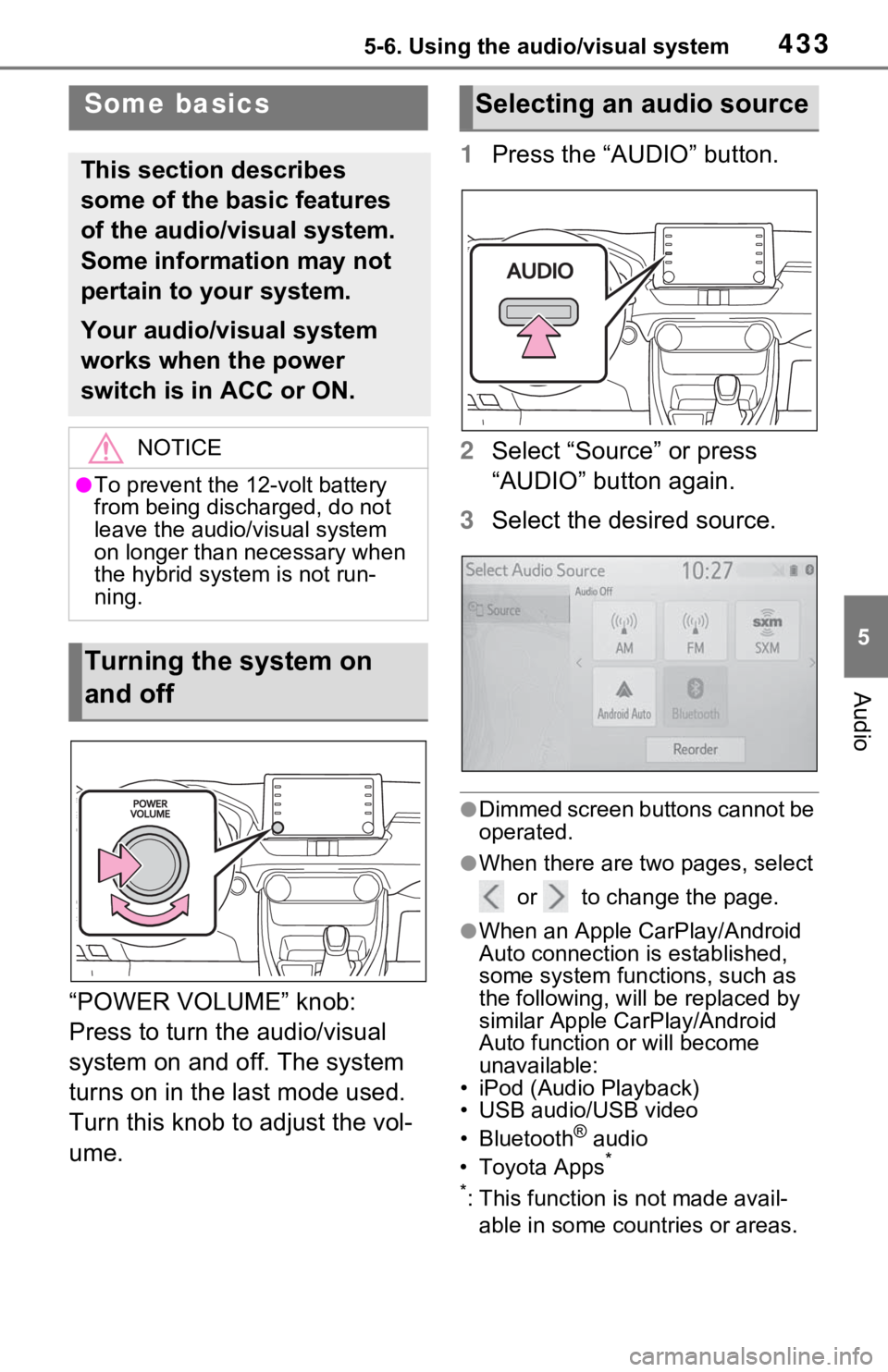 TOYOTA RAV4 HYBRID 2021  Owners Manual (in English) 4335-6. Using the audio/visual system
5
Audio
“POWER VOLUME” knob: 
Press to turn the audio/visual 
system on and off. The system 
turns on in the last mode used. 
Turn this knob to adjust the vol