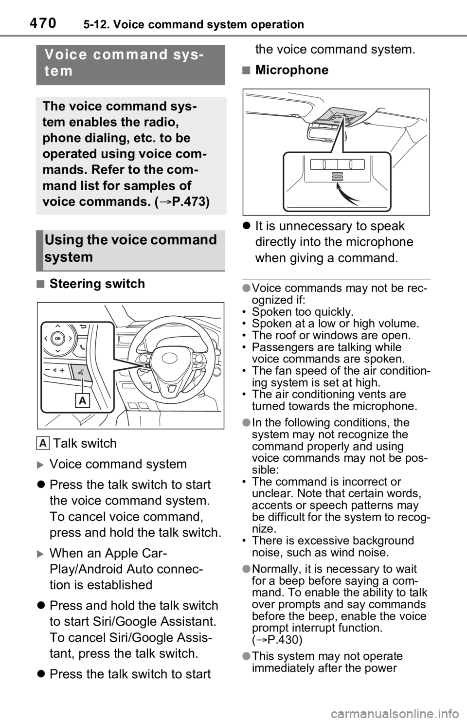 TOYOTA RAV4 HYBRID 2021  Owners Manual (in English) 4705-12. Voice command system operation
5-12.Voice command system operation
■Steering switchTalk switch
Voice command system
 Press the talk switch to start 
the voice command system. 
To canc