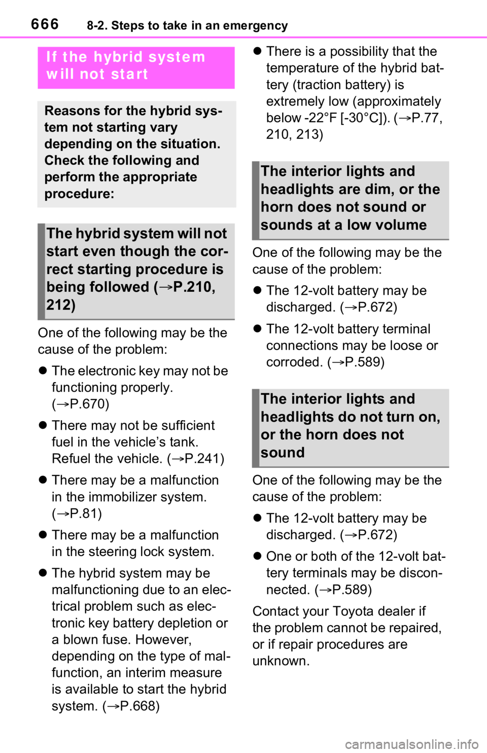 TOYOTA RAV4 HYBRID 2021 Owners Manual (in English) 6668-2. Steps to take in an emergency
One of the following may be the
cause of the problem:
The electronic key may not be
functioning properly.
( P.670)
There may not be sufficient
fuel TOYOTA RAV4 HYBRID 2021 Owners Manual (in English) 6668-2. Steps to take in an emergency
One of the following may be the
cause of the problem:
The electronic key may not be
functioning properly.
( P.670)
There may not be sufficient
fuel