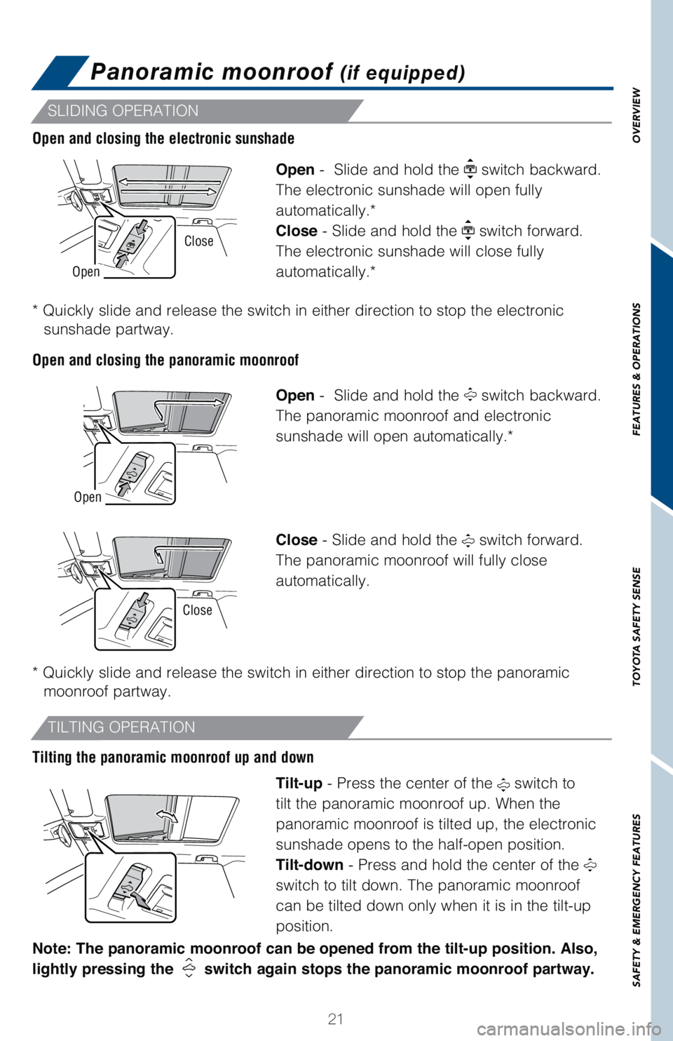 TOYOTA RAV4 HYBRID 2021   (in English) Owners Manual 21
OVERVIEW FEATURES & OPERATIONS TOYOTA SAFETY SENSE SAFETY & EMERGENCY FEATURES
SLIDING OPERATION
TILTING OPERATION
Open -  Slide and hold the  switch backward. 
The electronic sunshade will open fu