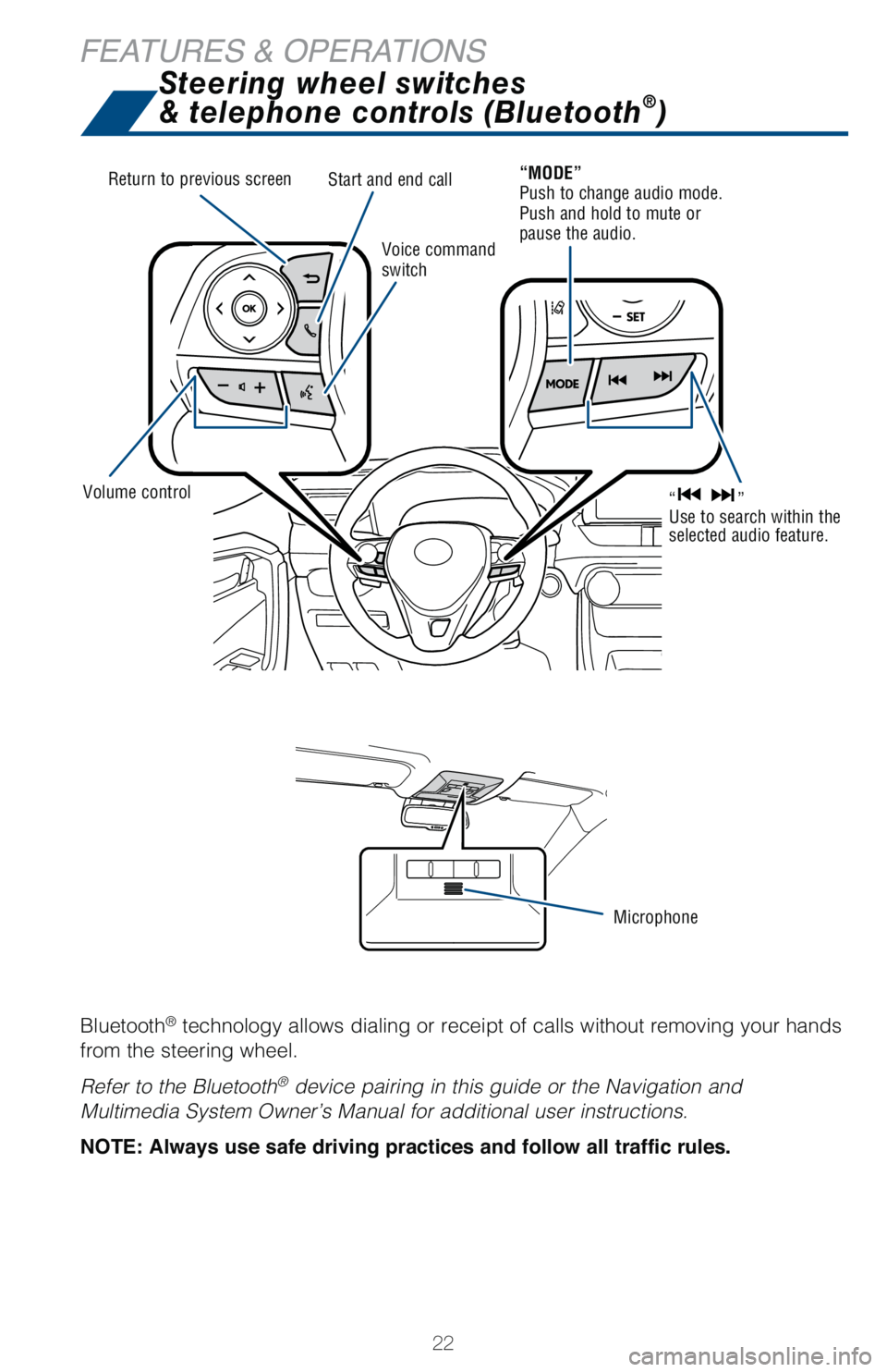 TOYOTA RAV4 HYBRID 2021   (in English) Owners Manual 22
FEATURES & OPERATIONS
Bluetooth® technology allows dialing or receipt of calls without removing your hands 
from the steering wheel. 
Refer to the Bluetooth
® device pairing in this guide or the 