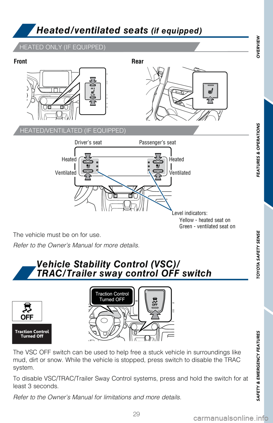 TOYOTA RAV4 HYBRID 2021   (in English) Owners Guide 29
OVERVIEW FEATURES & OPERATIONS TOYOTA SAFETY SENSE SAFETY & EMERGENCY FEATURES
Heated/ventilated seats (if equipped)
FrontRear
�)�&�"�5�&�%��7�&�/�5�*�-�"�5�&�%��	�*���&�2�6�*�1�1�&�%�

�)�&�"�